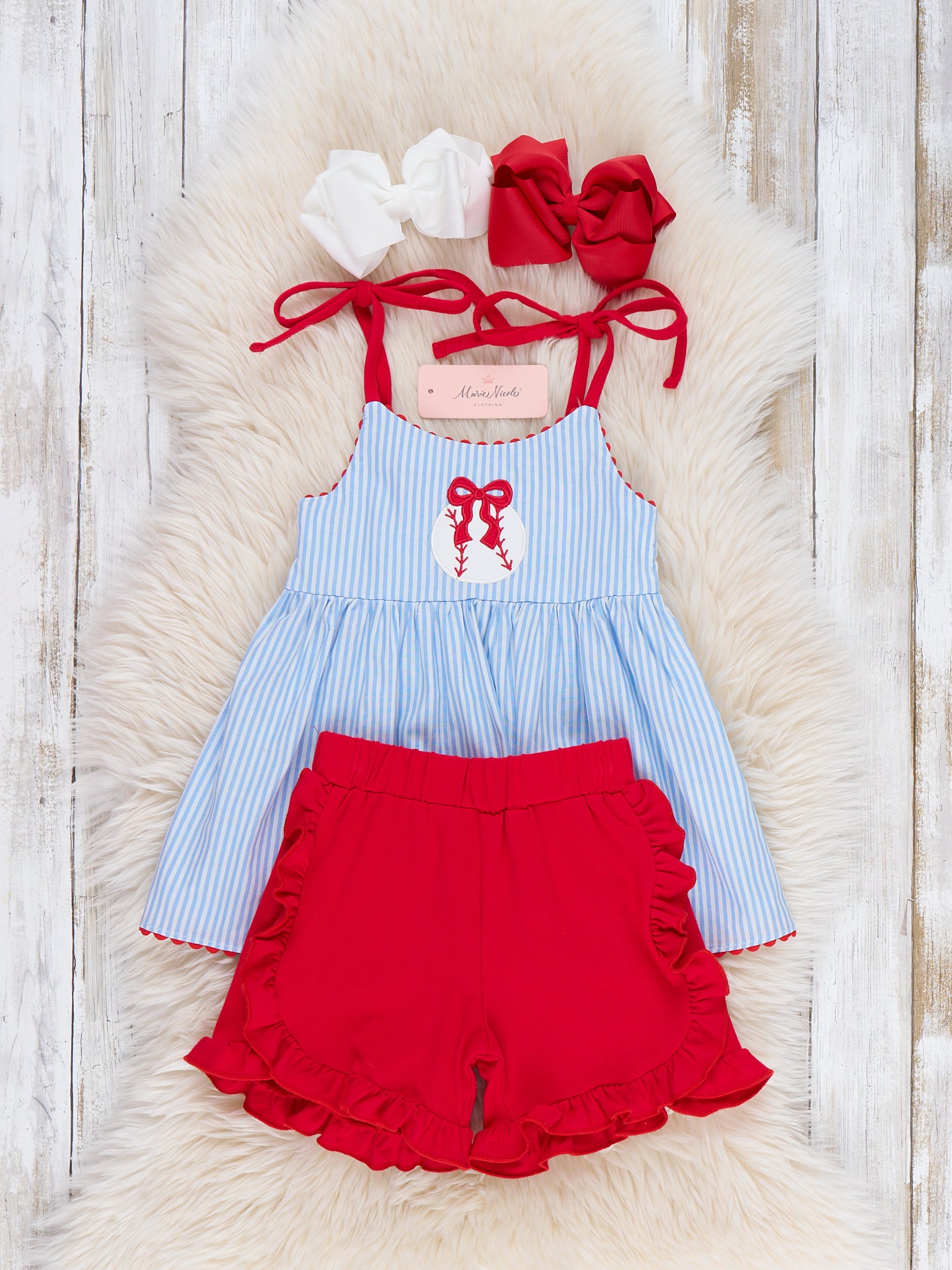 Baseball Dream Bow Embroidered Cotton Ruffle Outfit - Marie Nicole Clothing