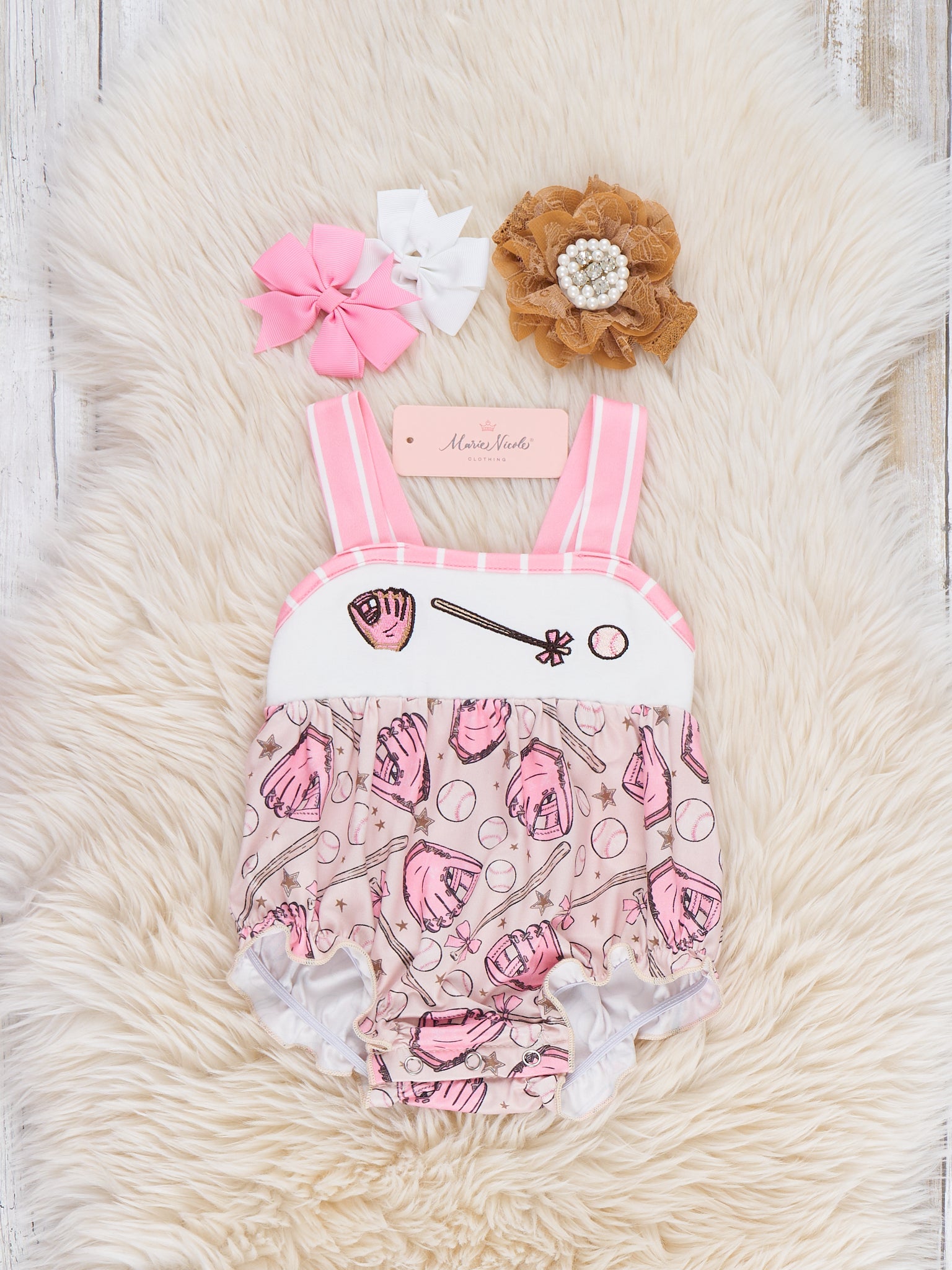 Baseball Swing Time Embroidered Ruffle Bubble Romper - Marie Nicole Clothing
