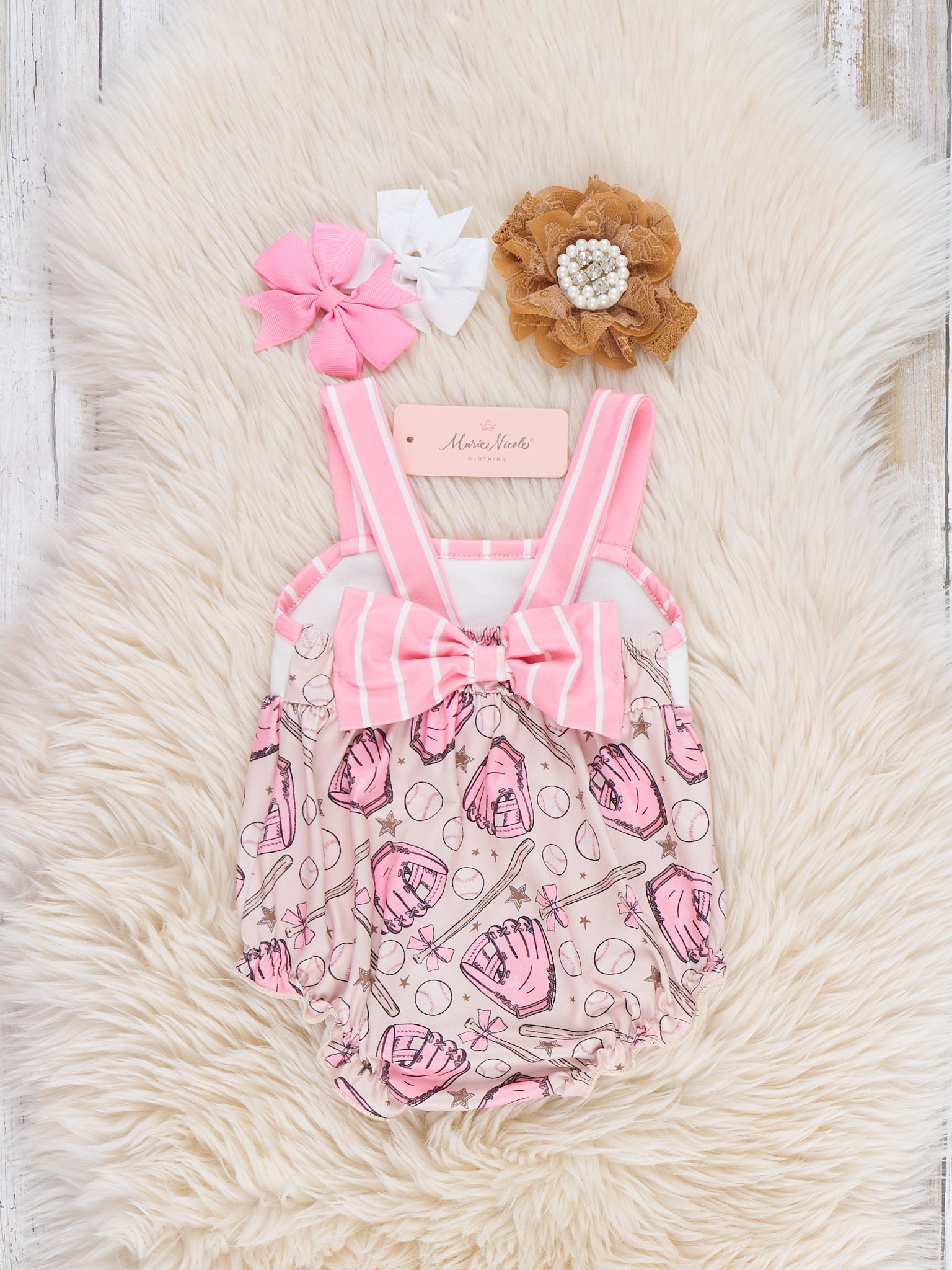 Baseball Swing Time Embroidered Ruffle Bubble Romper - Marie Nicole Clothing