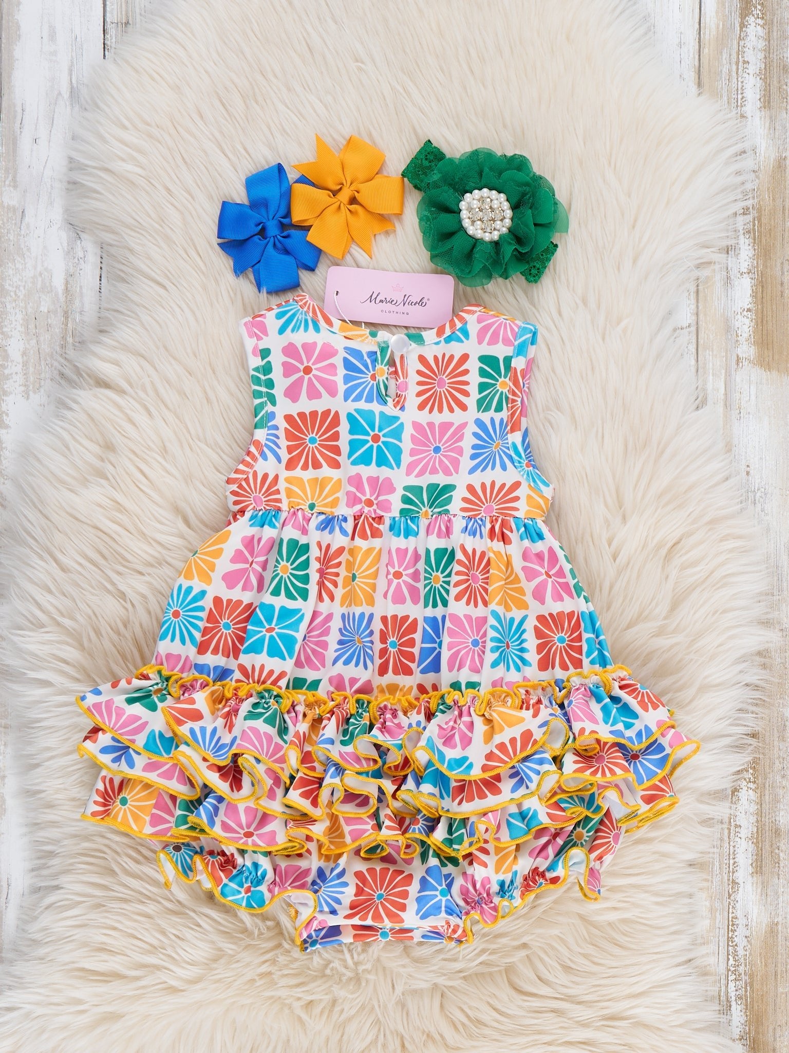 Ruffle Bubble Romper - Flower Tiles - Marie Nicole Clothing