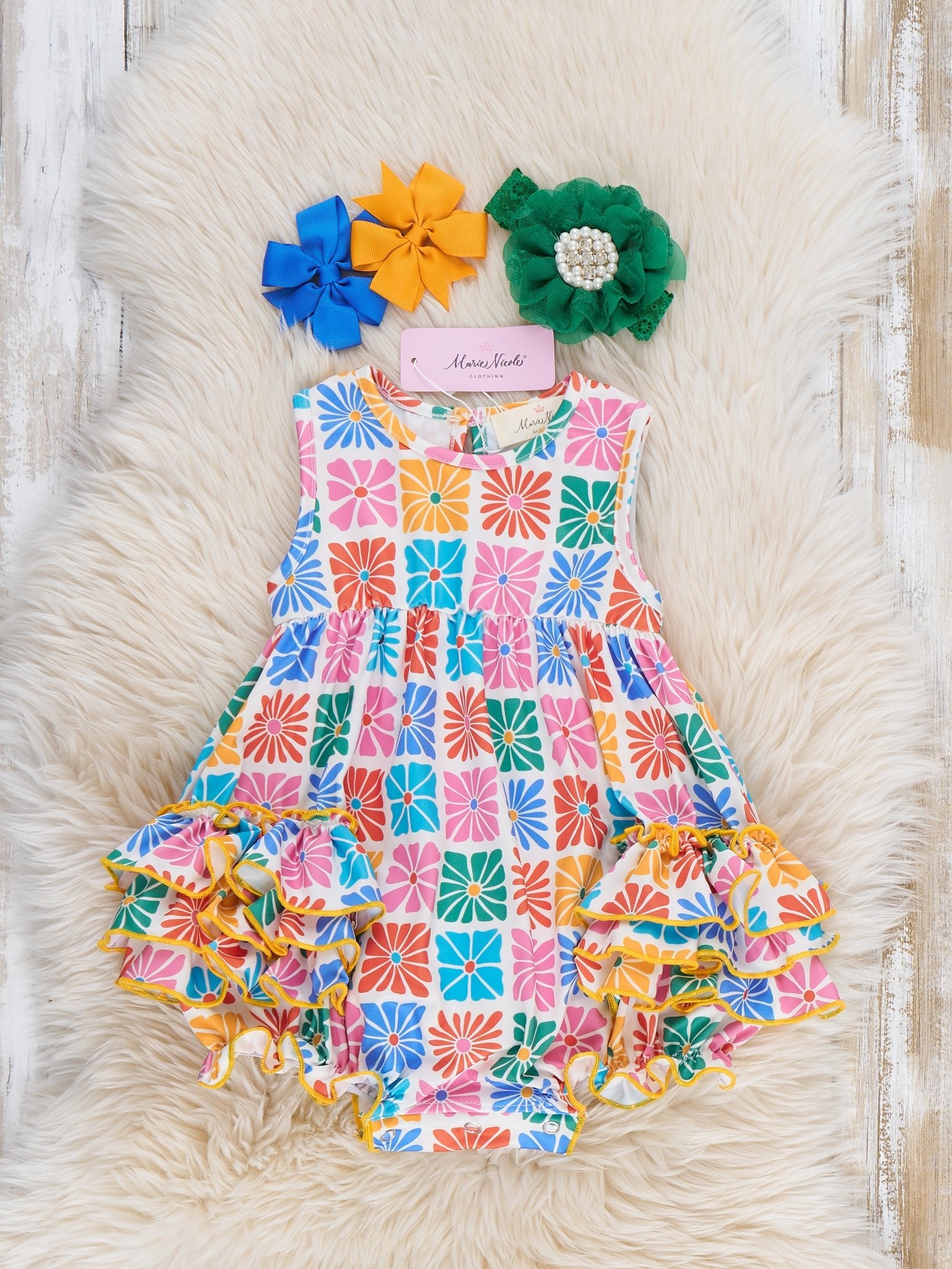 Ruffle Bubble Romper - Flower Tiles - Marie Nicole Clothing