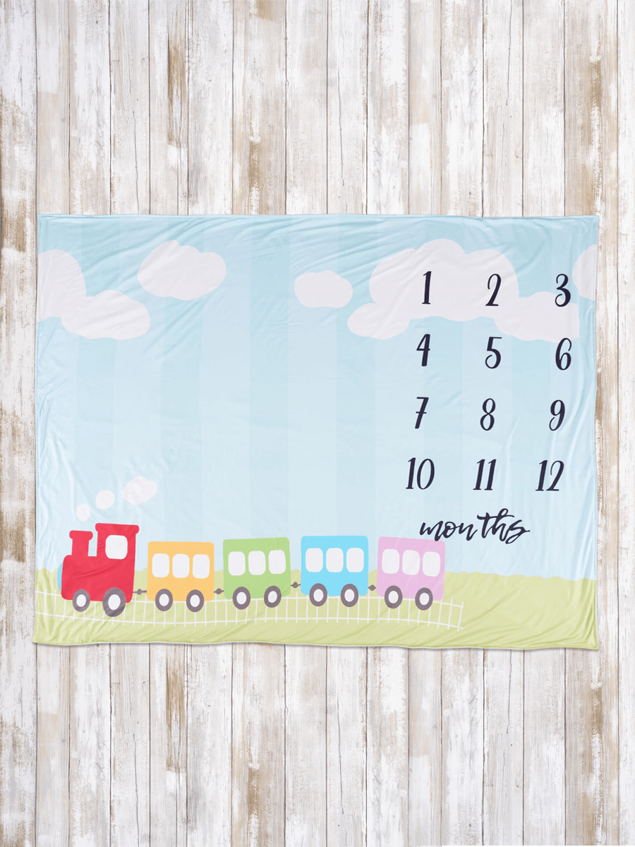 Blue and Green Train Milestone Blanket - Marie Nicole Clothing