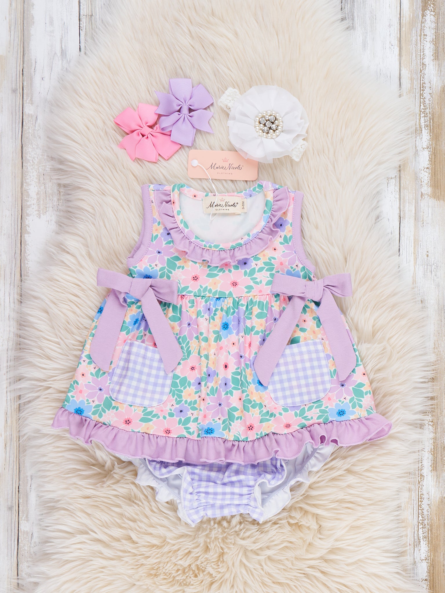 Blooming Breeze Ruffle Bow Bubble Romper - Marie Nicole Clothing