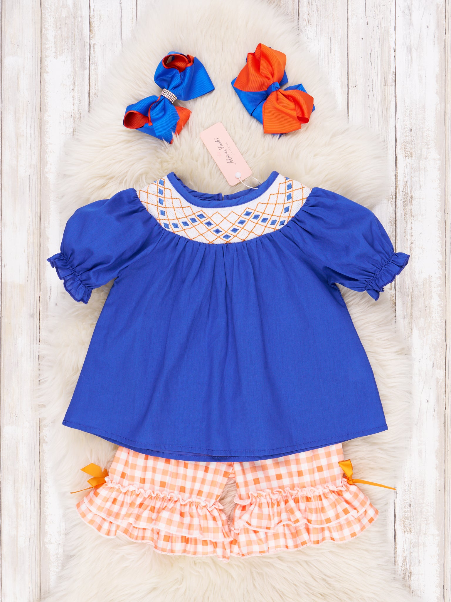 Blue & Orange Smocked Gingham Ruffle Outfit - Marie Nicole Clothing