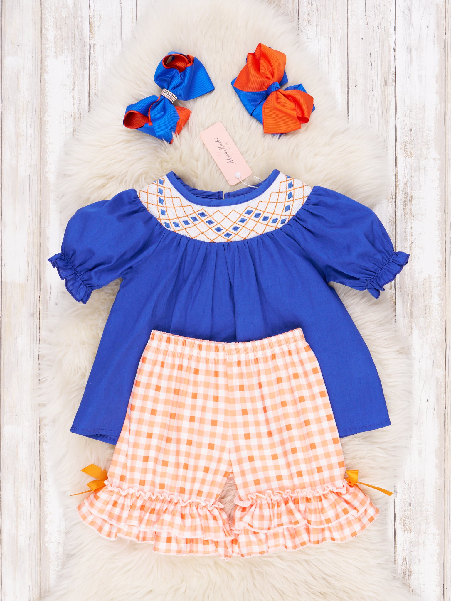 Blue & Orange Smocked Gingham Ruffle Outfit - Marie Nicole Clothing