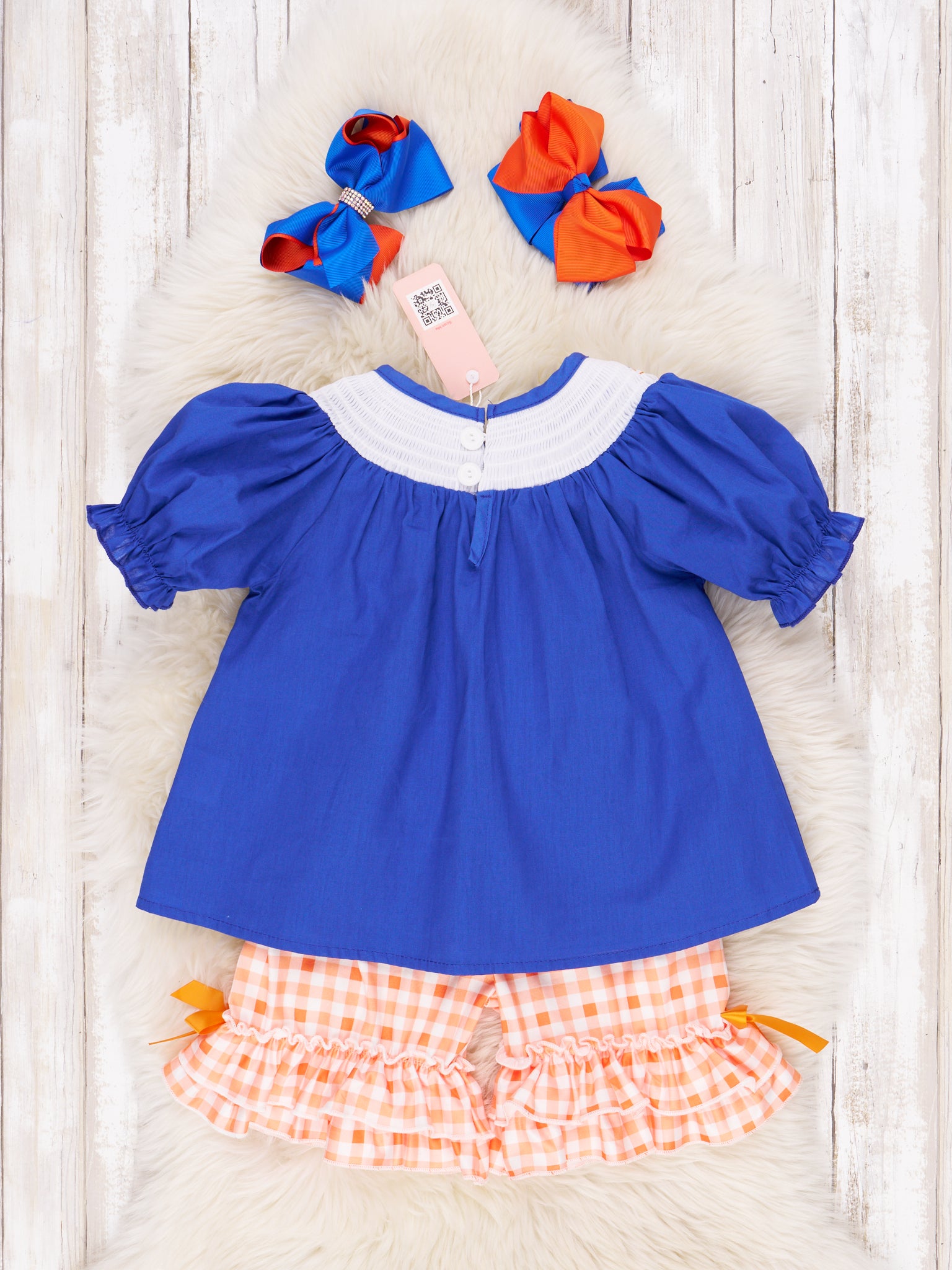 Blue & Orange Smocked Gingham Ruffle Outfit - Marie Nicole Clothing