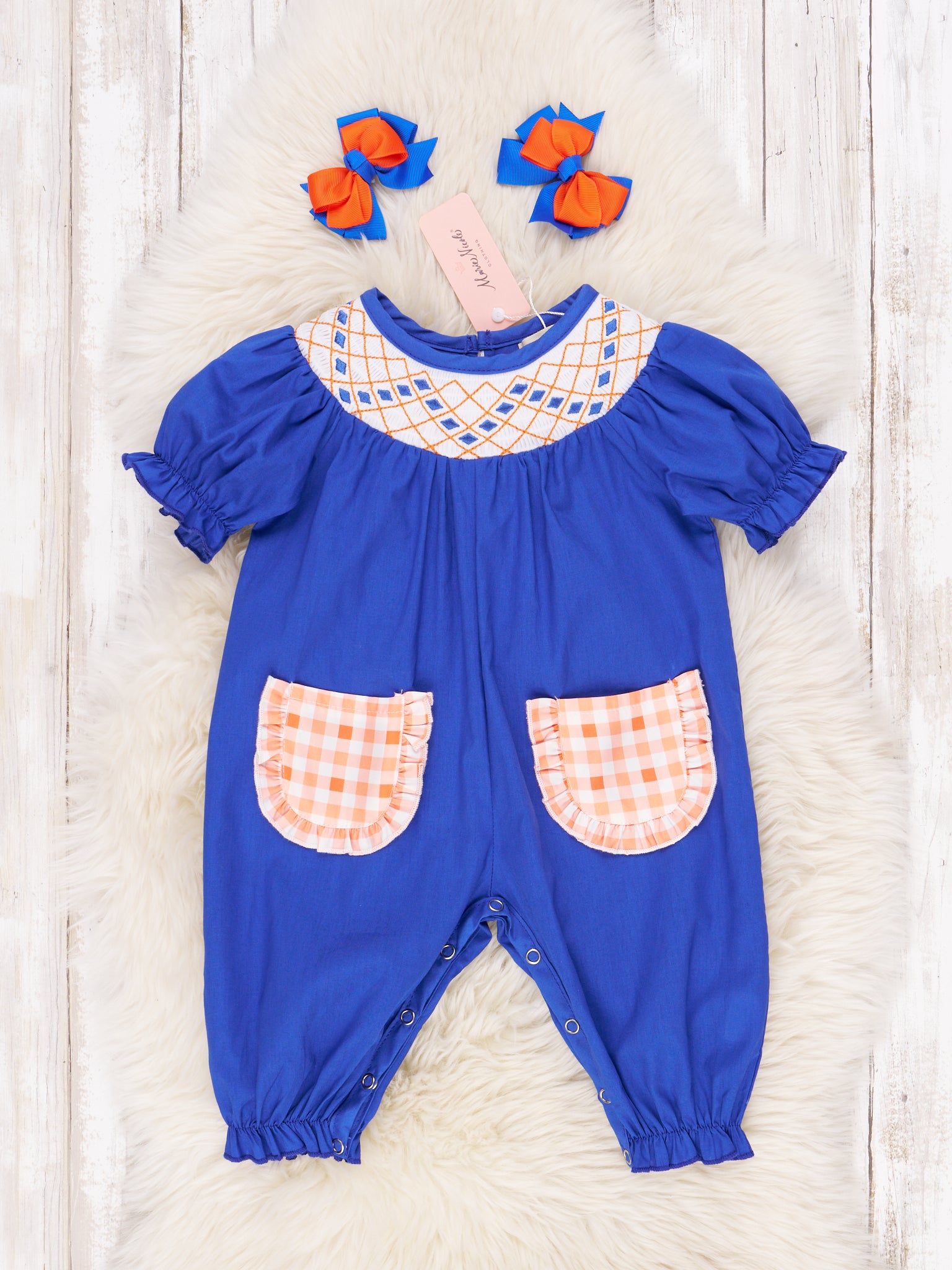 Blue & Orange Smocked Gingham Ruffle Romper - Marie Nicole Clothing