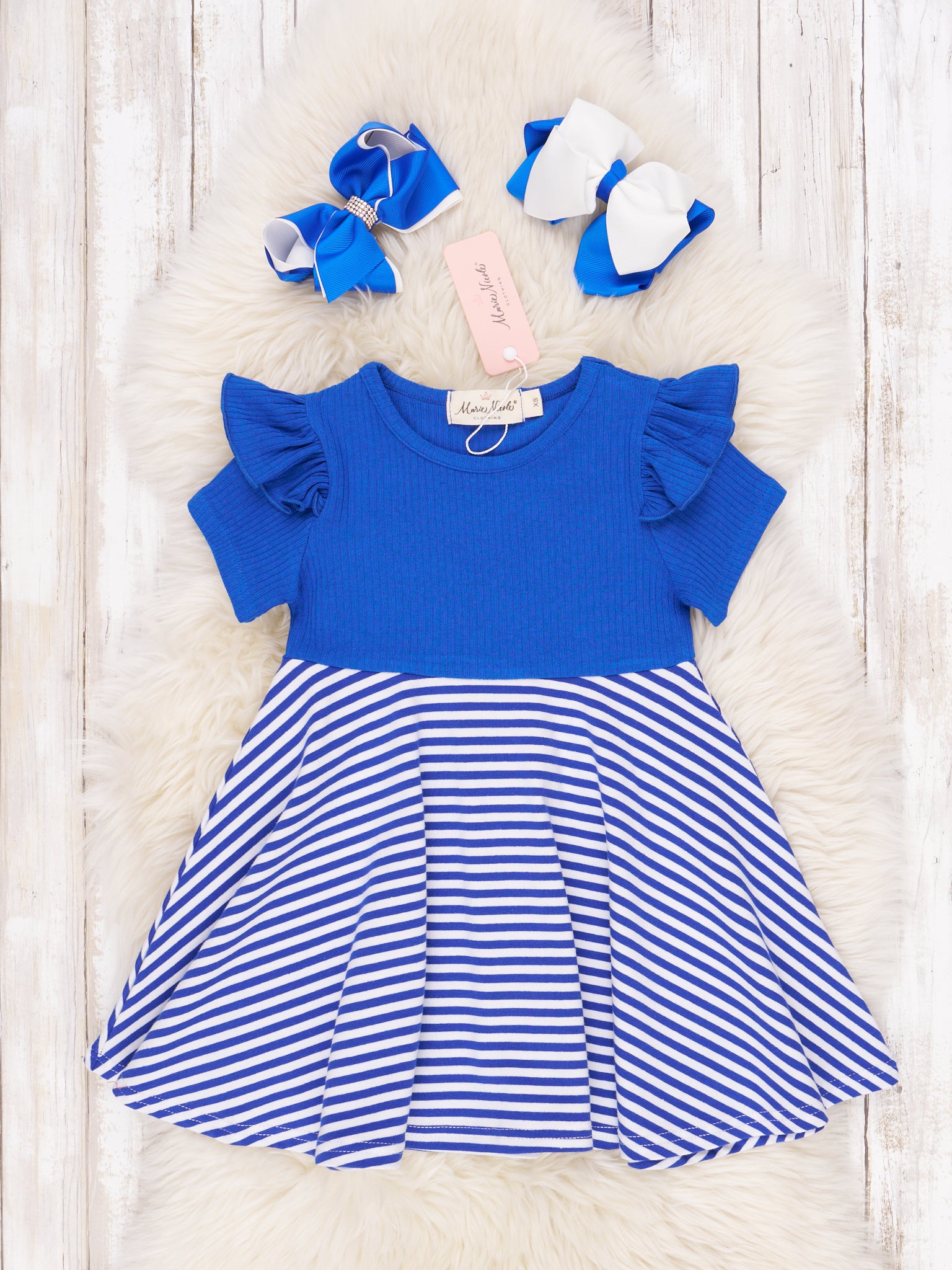 Blue & White Striped Ruffle Dress - Marie Nicole Clothing