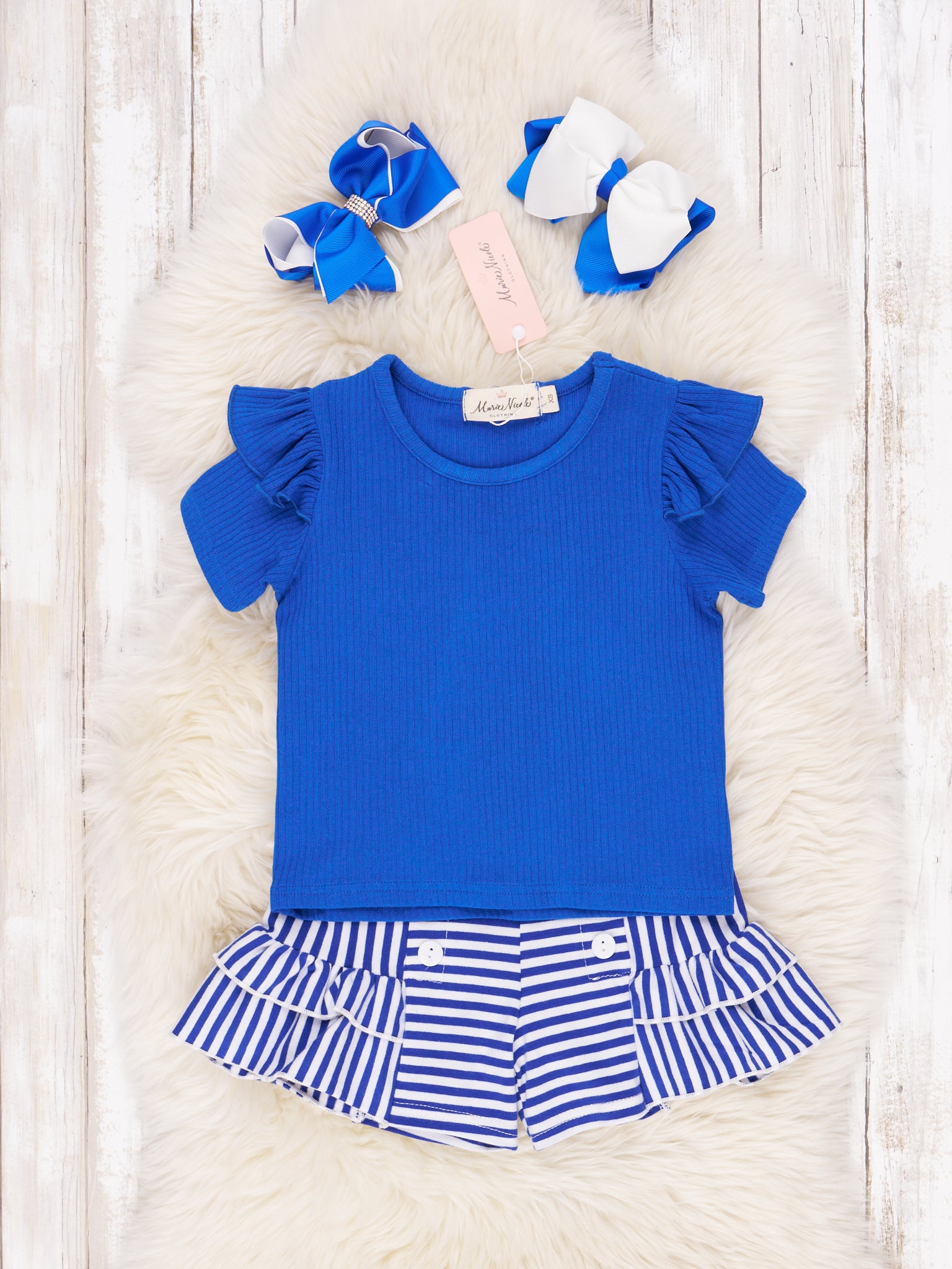 Blue & White Striped Ruffle Outfit - Marie Nicole Clothing