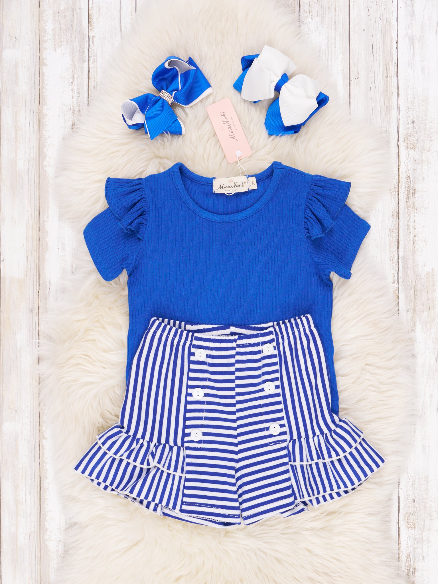 Blue & White Striped Ruffle Outfit - Marie Nicole Clothing