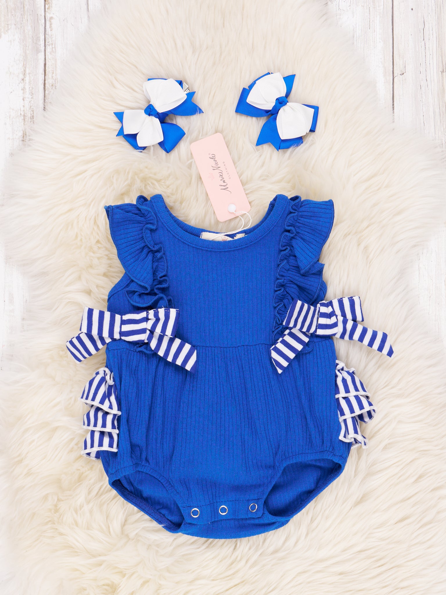 Blue & White Striped Ruffle Romper - Marie Nicole Clothing