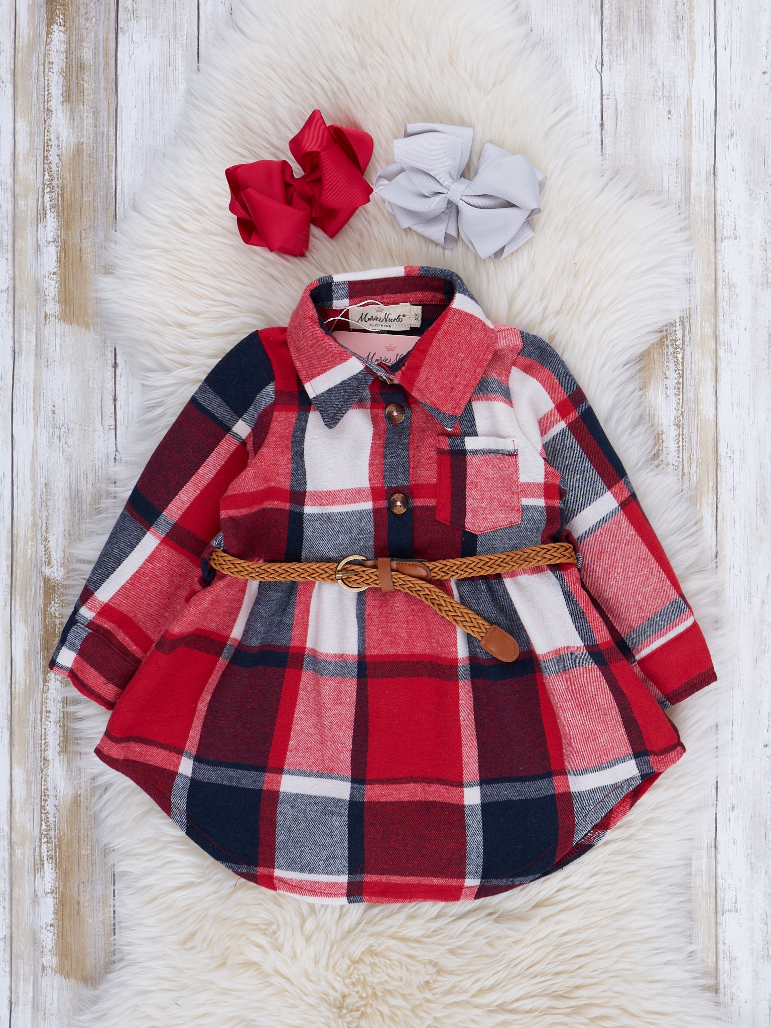 Red & Black Plaid Belted Flannel Tunic - Marie Nicole Clothing