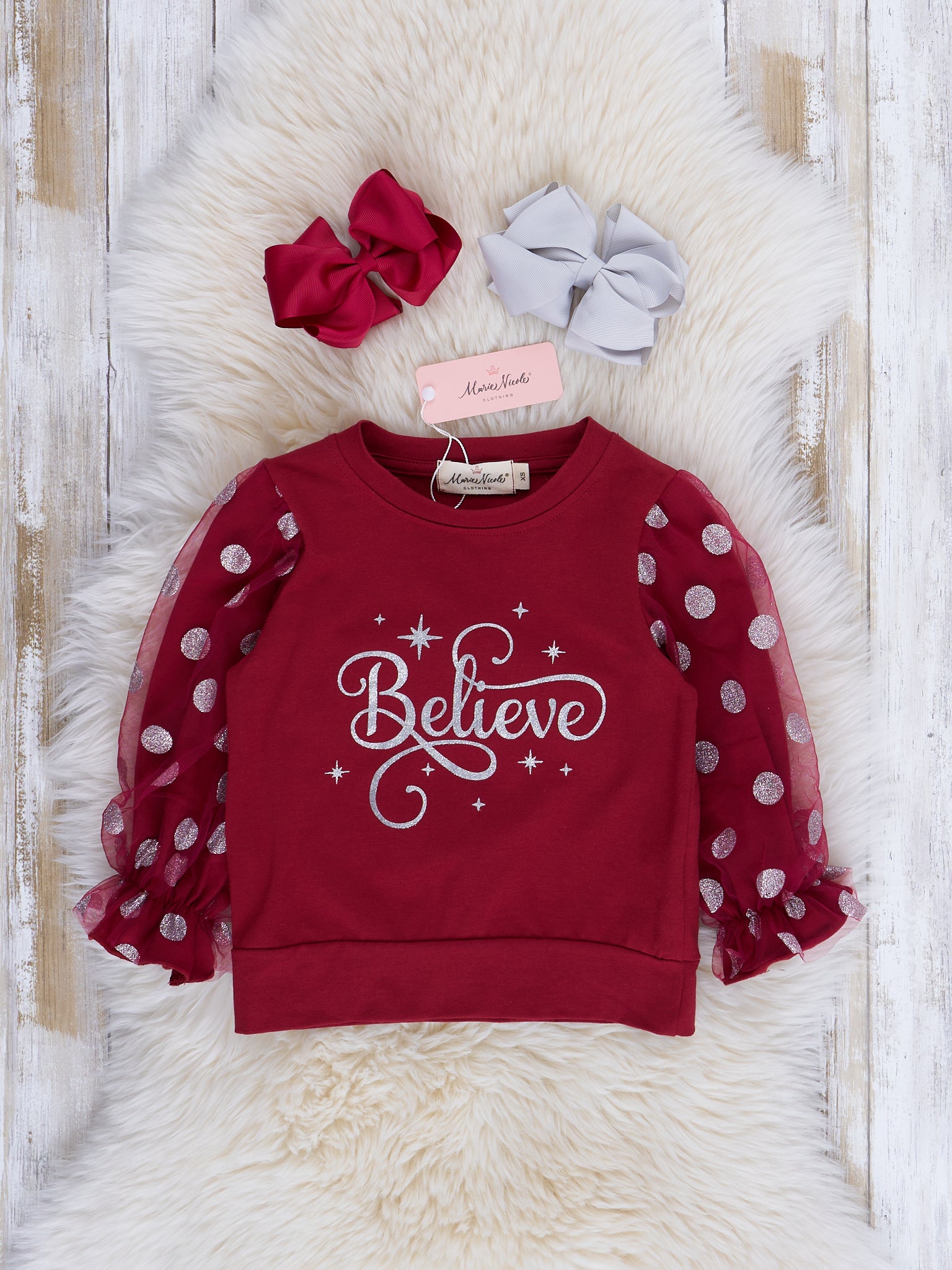 Maroon "Believe" Polka Dot Shirt - Marie Nicole Clothing
