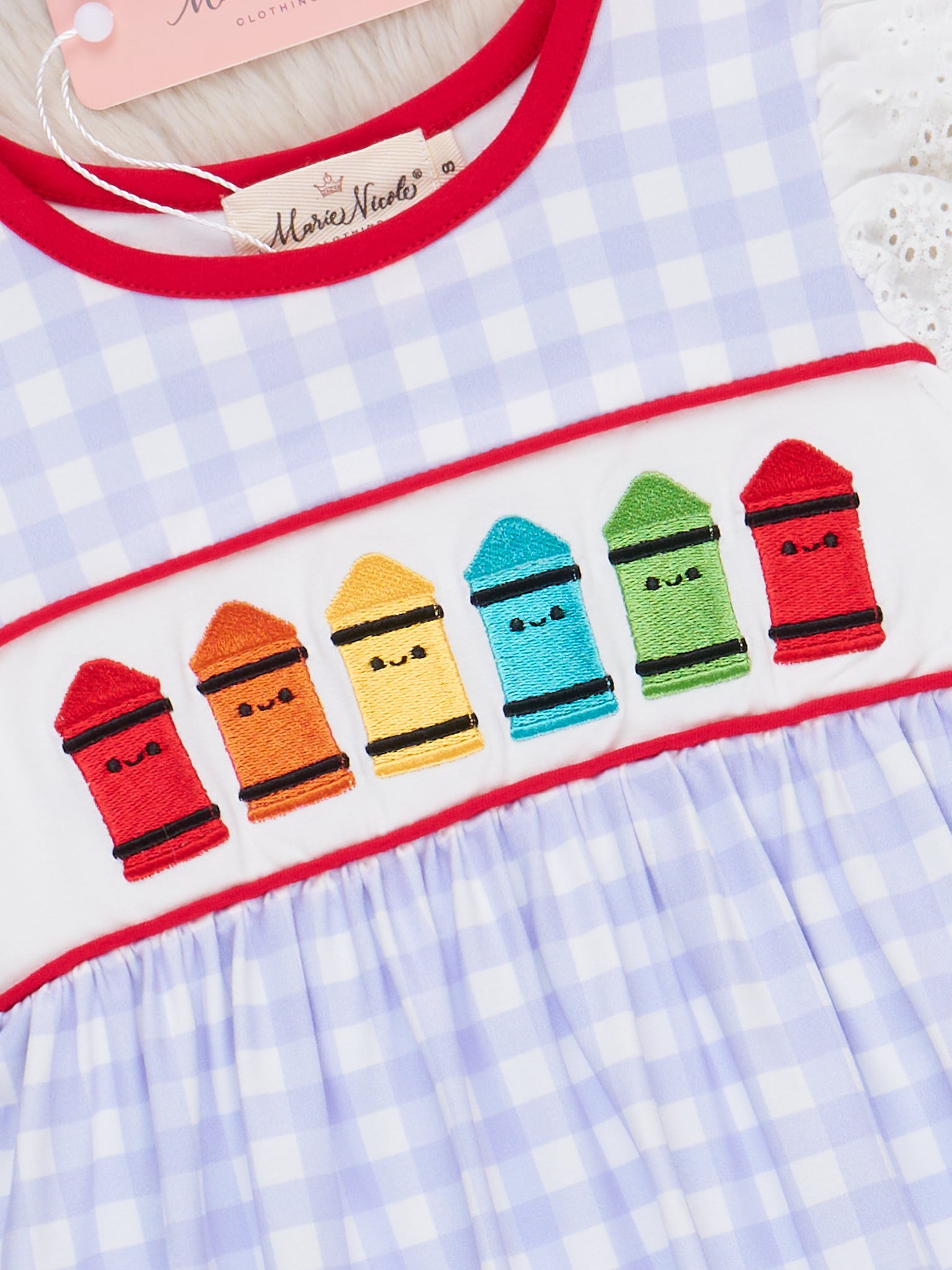 Bright Crayons Embroidered Gingham Dress - Marie Nicole Clothing