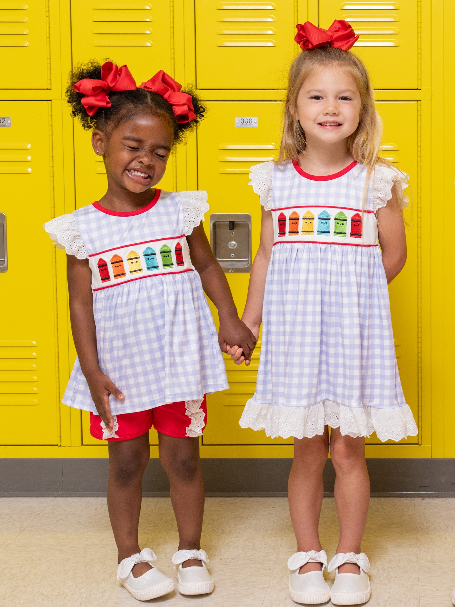 Bright Crayons Embroidered Gingham Dress - Marie Nicole Clothing