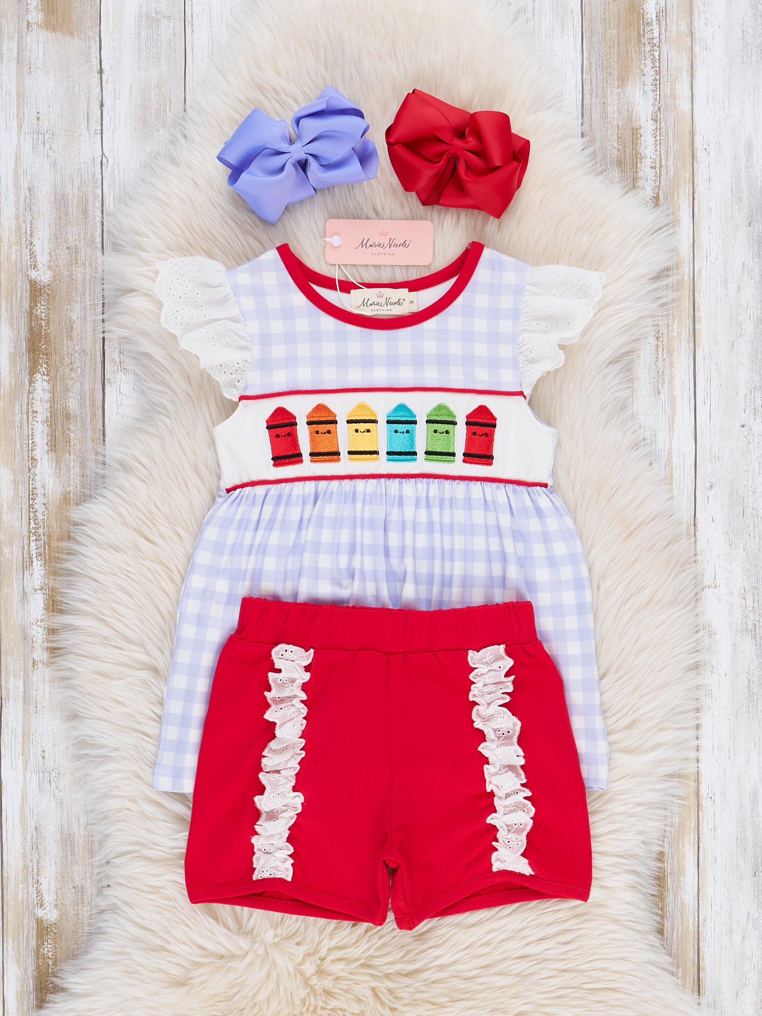 Bright Crayons Embroidered Gingham Ruffle Outfit - Marie Nicole Clothing