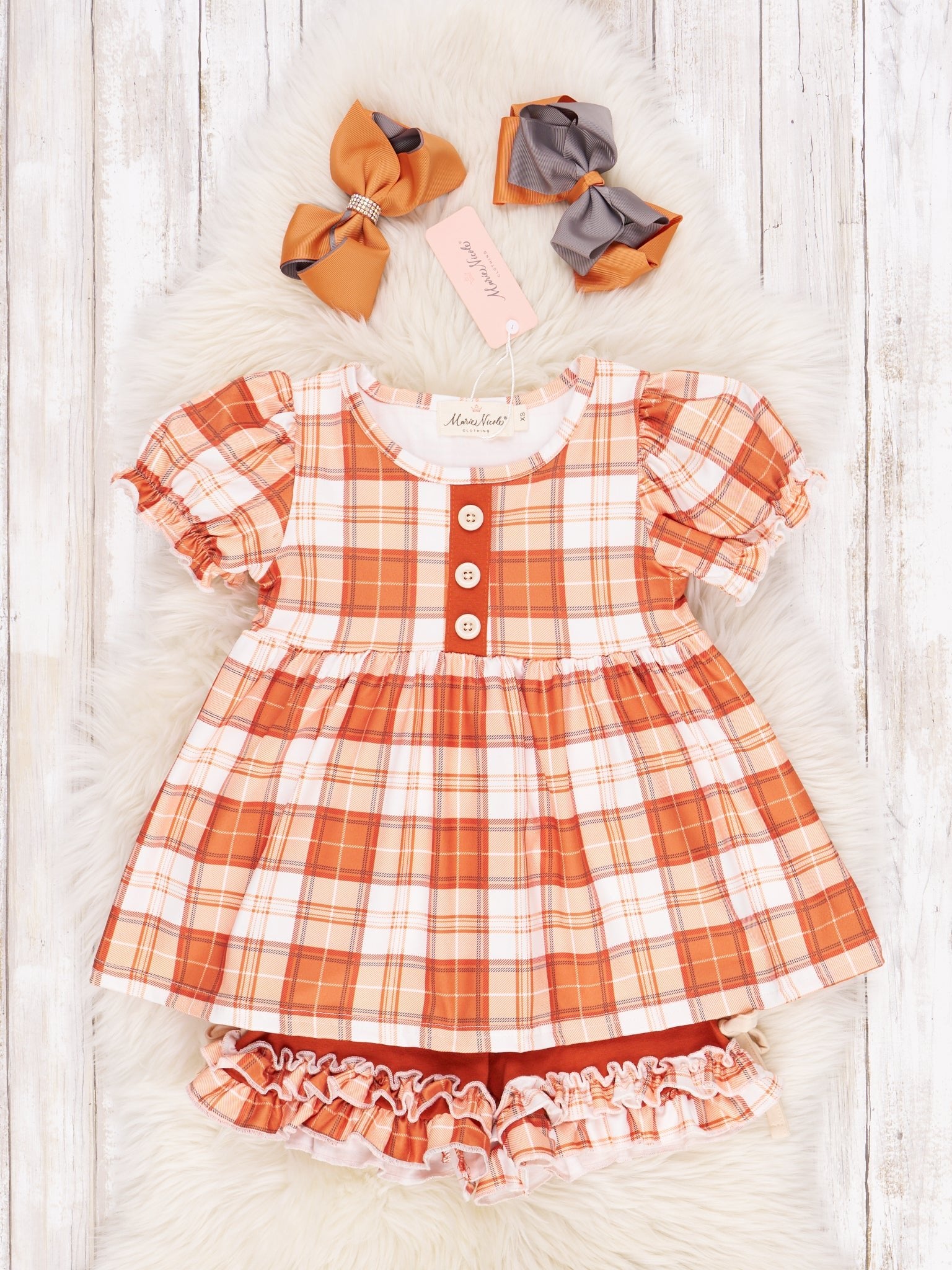 Burnt Orange Plaid Ruffle Outfit - Marie Nicole Clothing