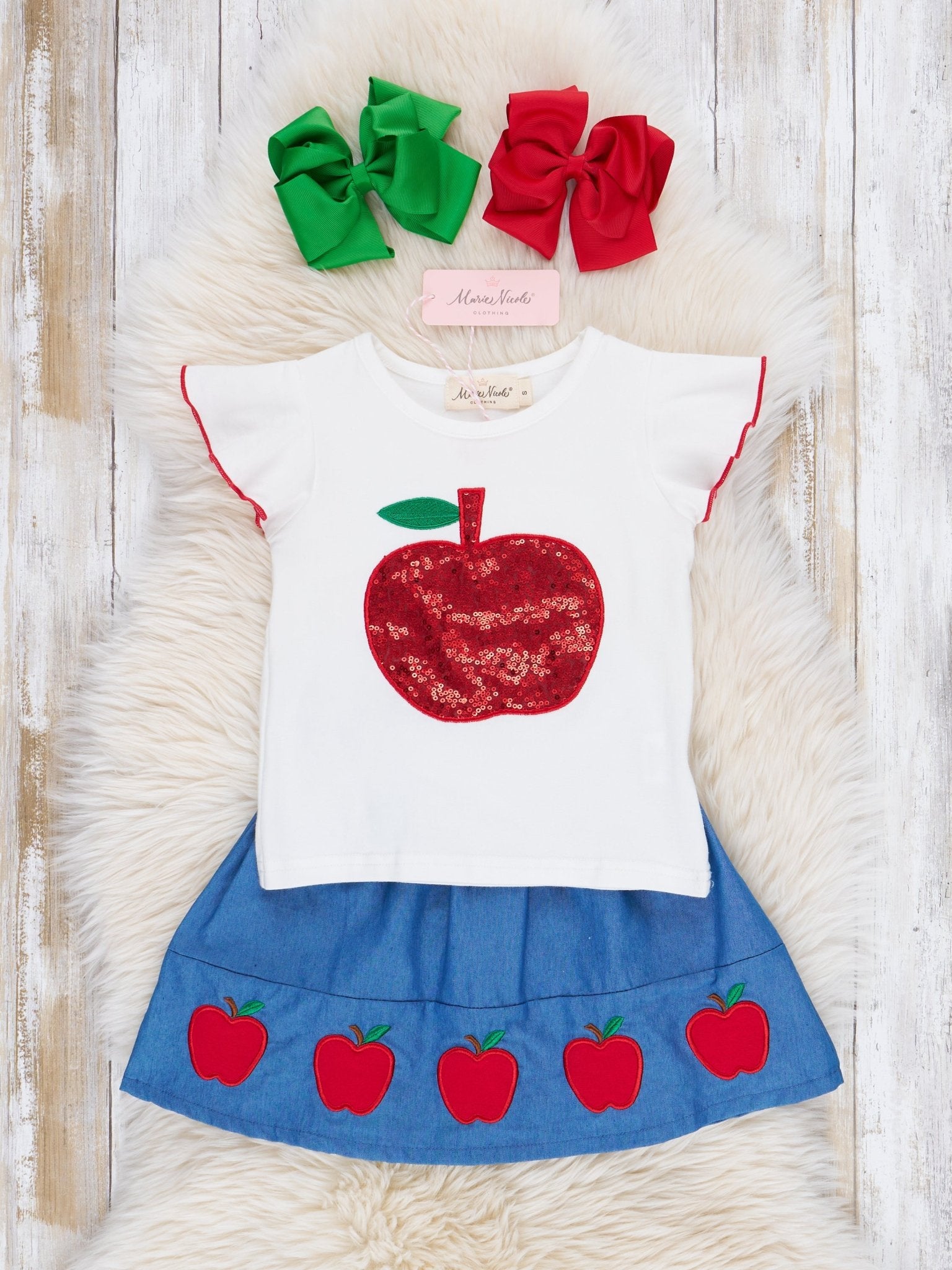 Chambray Red Apples Outfit - Marie Nicole Clothing