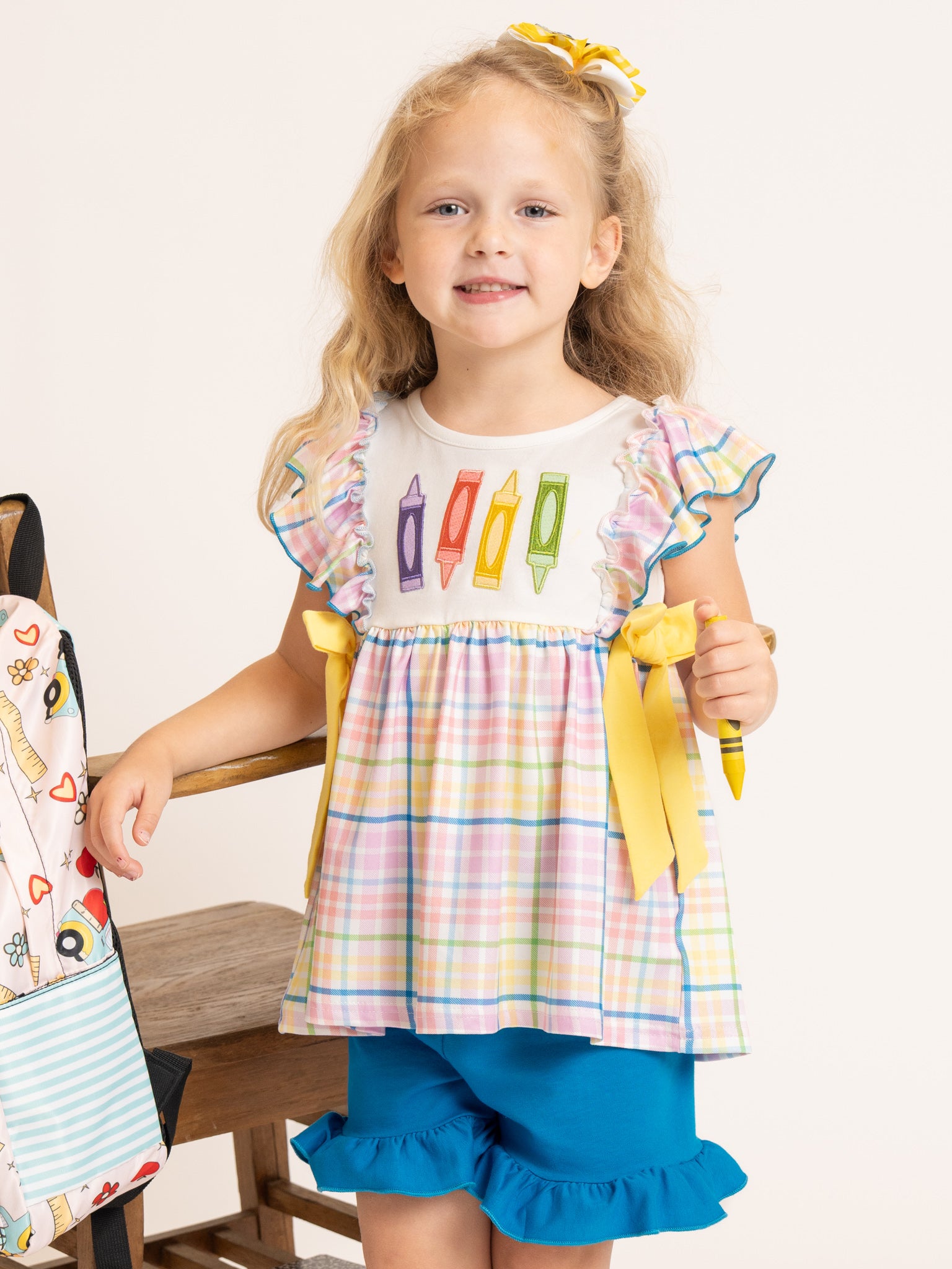 Colorful Crayon Plaid Bow Outfit - Marie Nicole Clothing