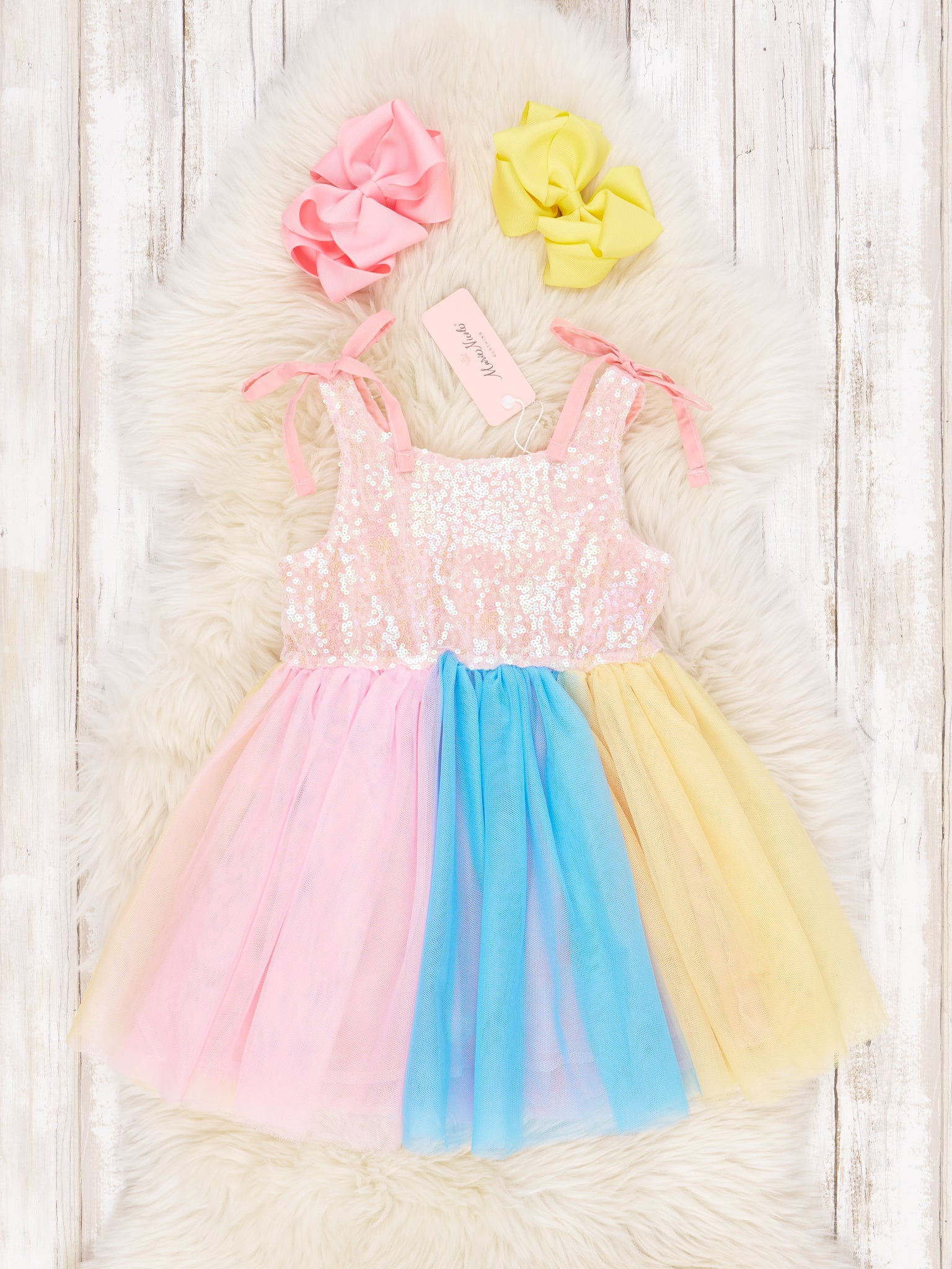 Pink Sequin Rainbow Tulle Dress - Marie Nicole Clothing