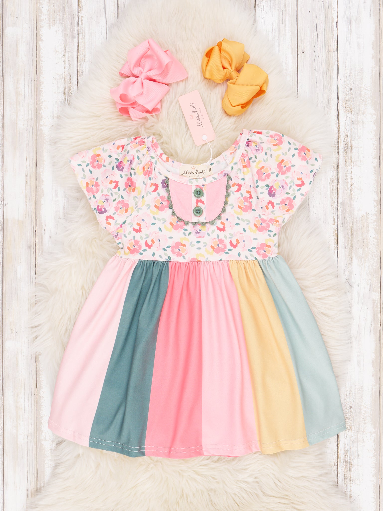 Rainbow Stripe Floral Dress - Marie Nicole Clothing