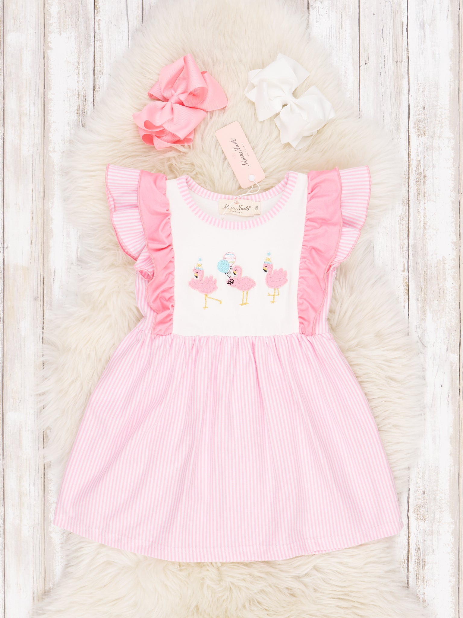 Pink Pinstripe Flamingo Ruffle Dress - Marie Nicole Clothing