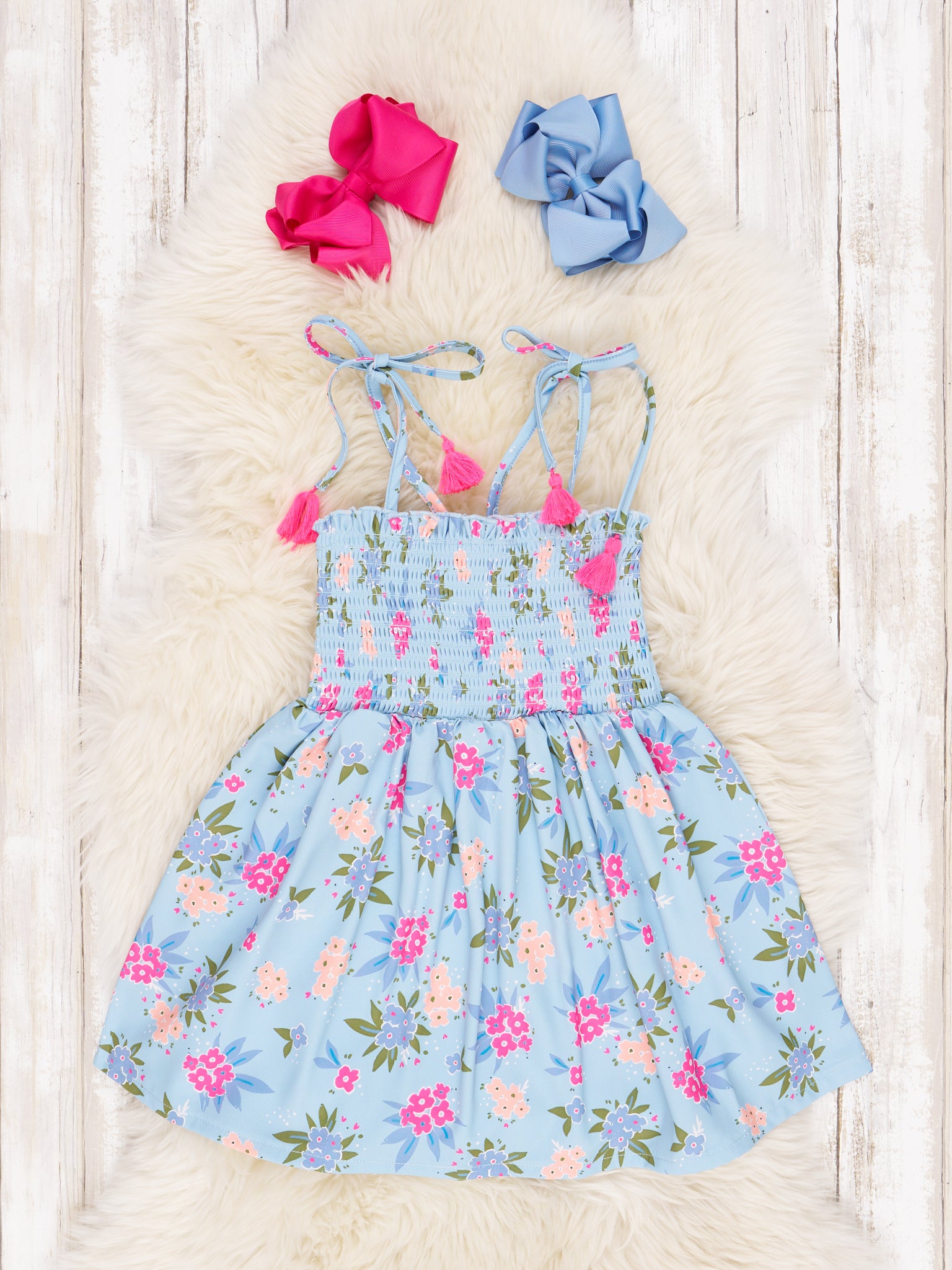 Smocked Hydrangea Tie Tassel Dress - Marie Nicole Clothing