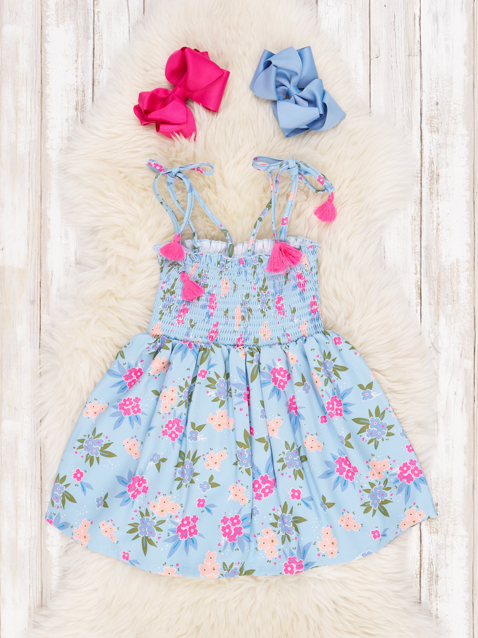 Smocked Hydrangea Tie Tassel Dress - Marie Nicole Clothing