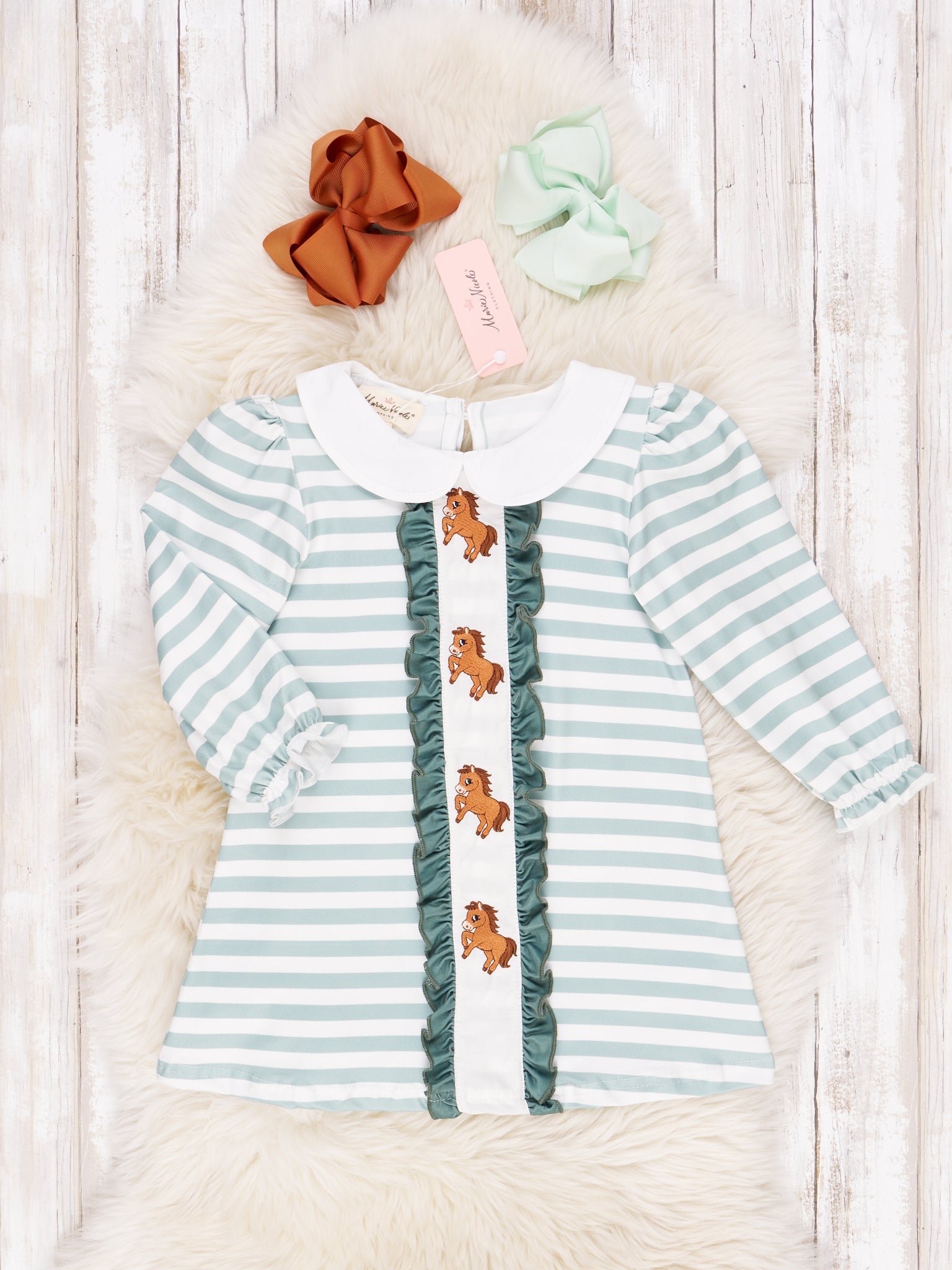 Green & White Stripe Embroidered Horse Dress - Marie Nicole Clothing
