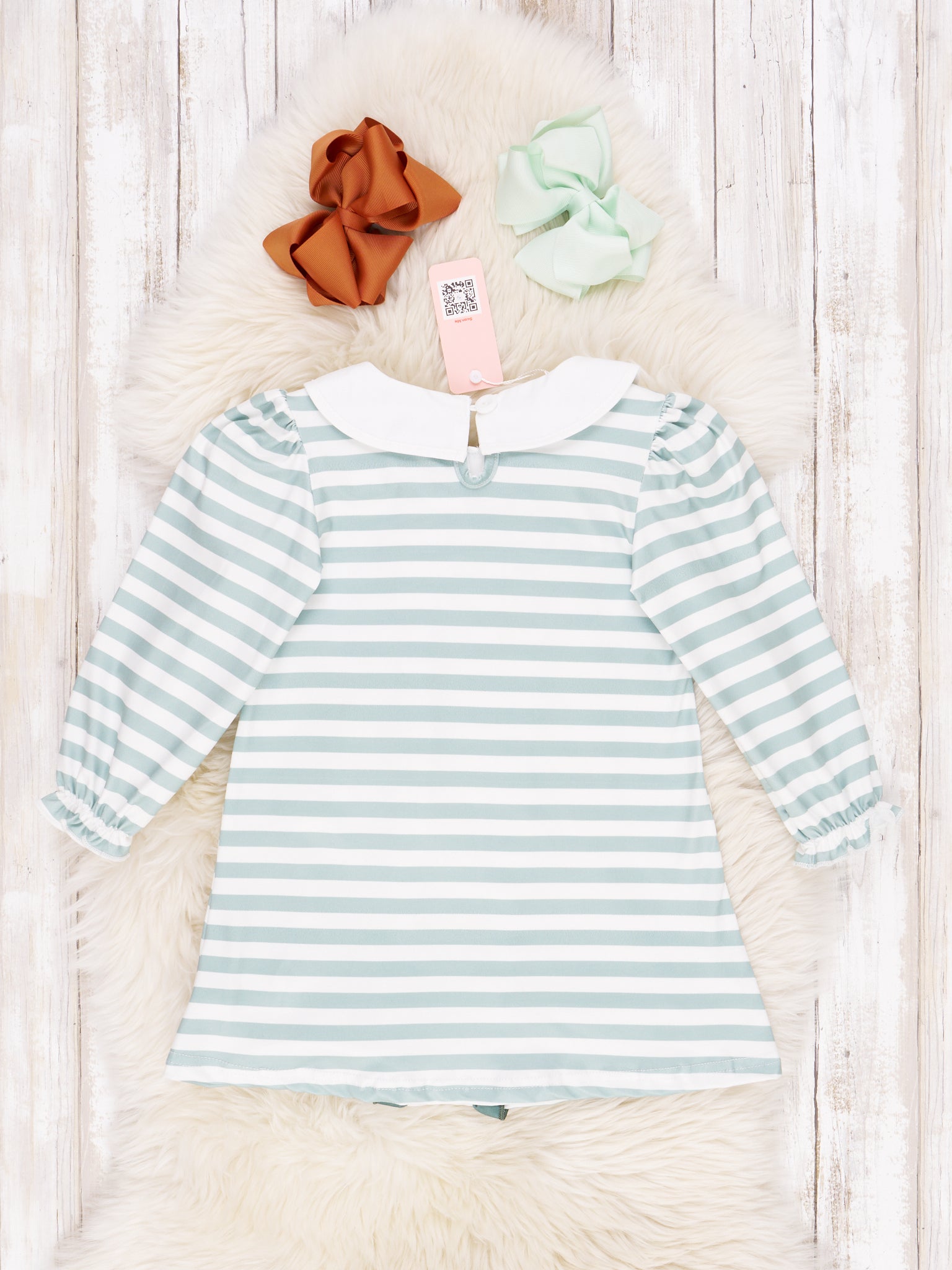 Green & White Stripe Embroidered Horse Dress - Marie Nicole Clothing