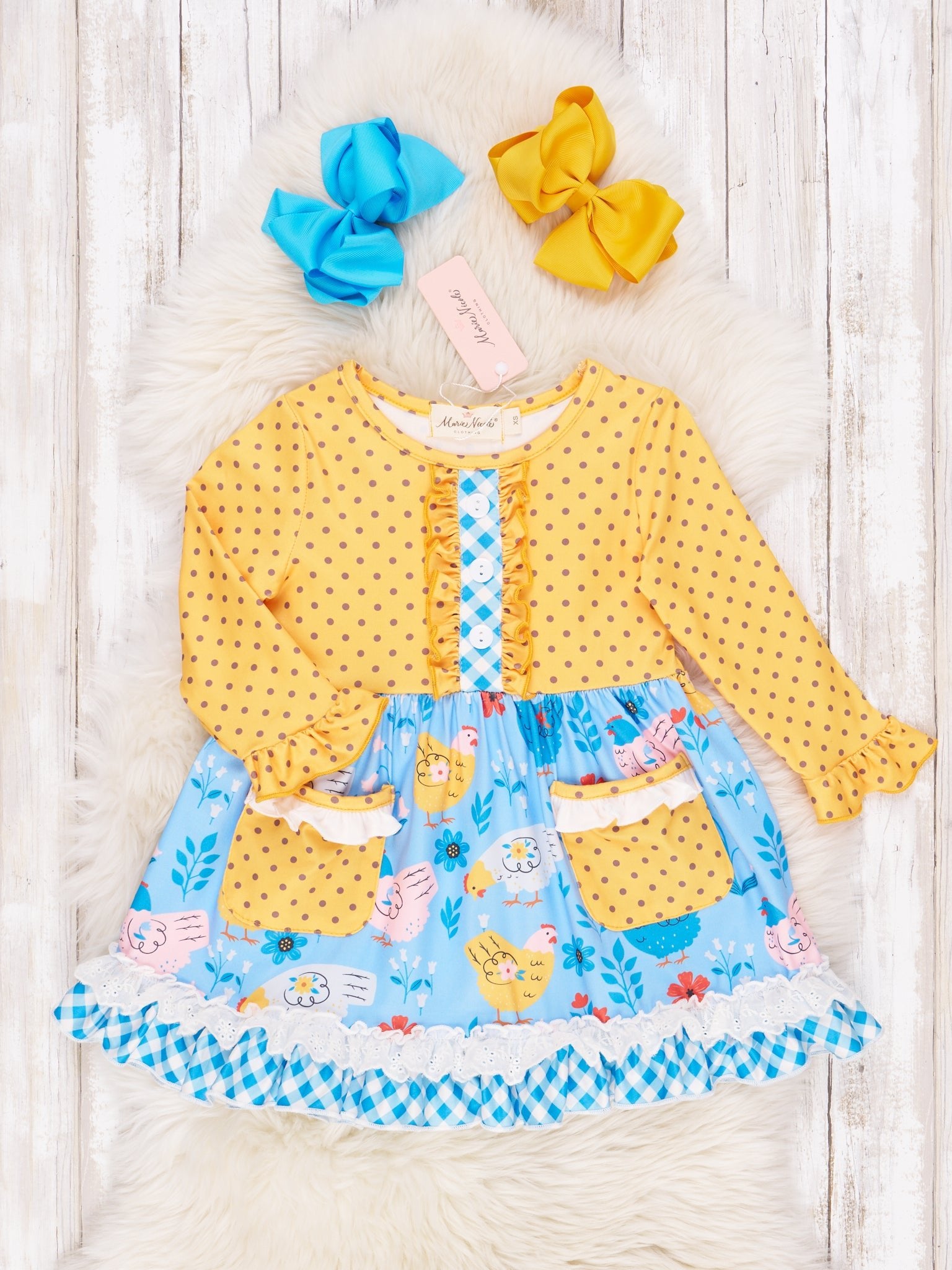 Yellow Dot Chicken Ruffle Dress - Marie Nicole Clothing