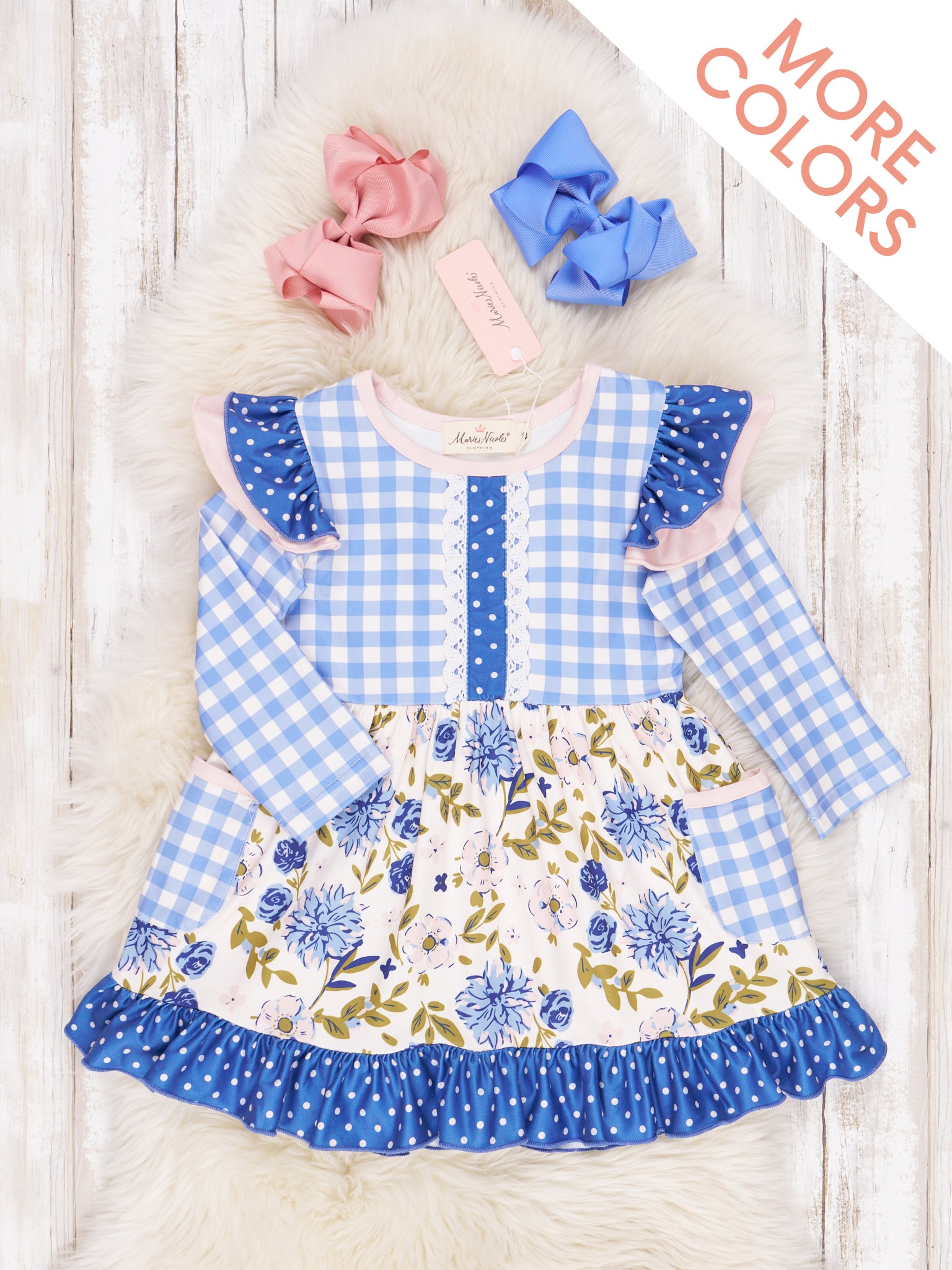 Long - Sleeved Mixed Print Ruffle Dress - Marie Nicole Clothing