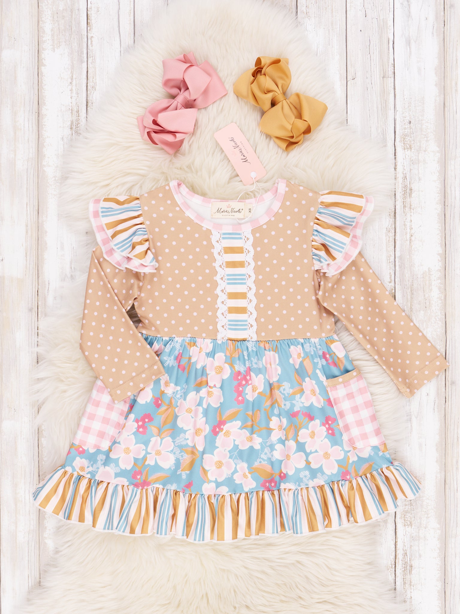 Long - Sleeved Mixed Print Ruffle Dress - Marie Nicole Clothing