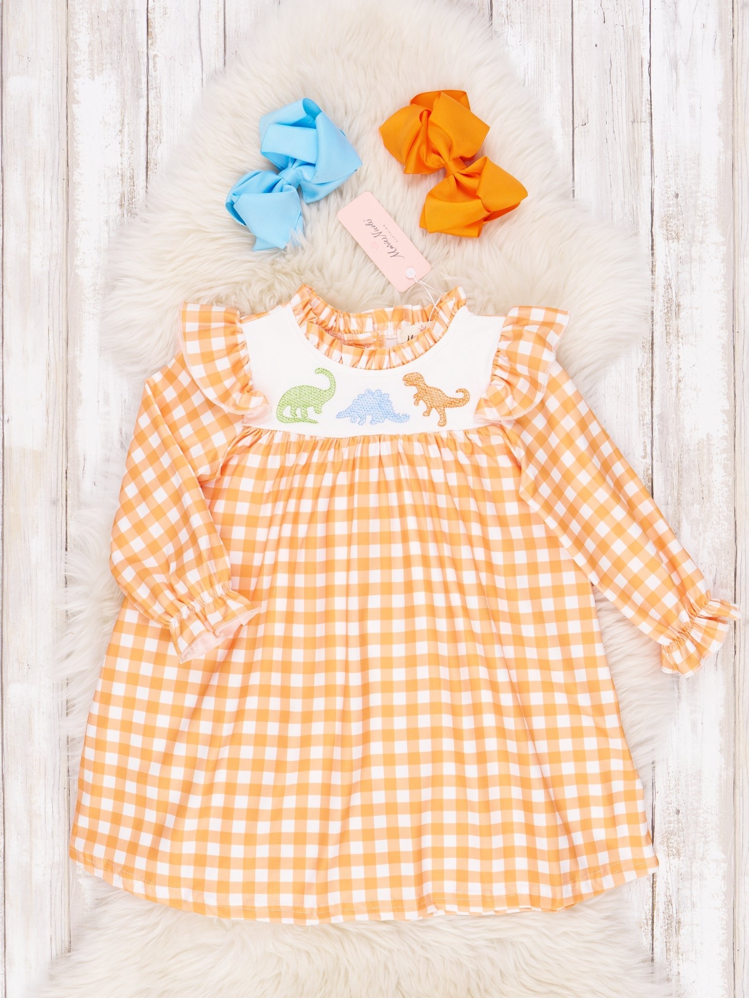 Orange Gingham Dinosaur Ruffle Dress - Marie Nicole Clothing