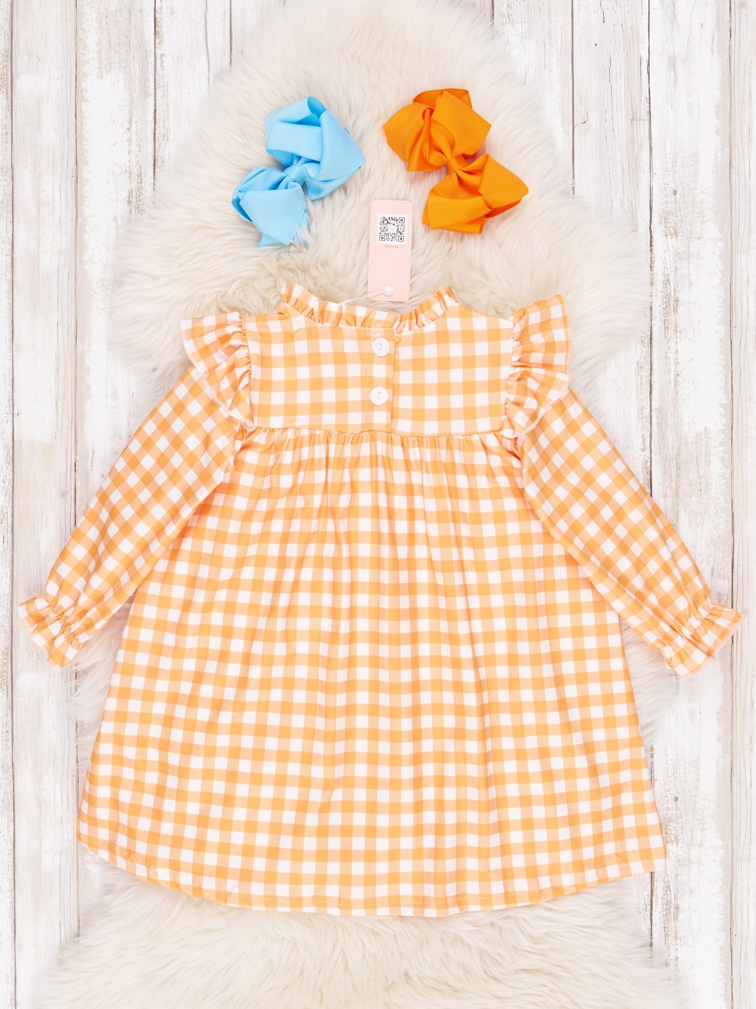 Orange Gingham Dinosaur Ruffle Dress - Marie Nicole Clothing