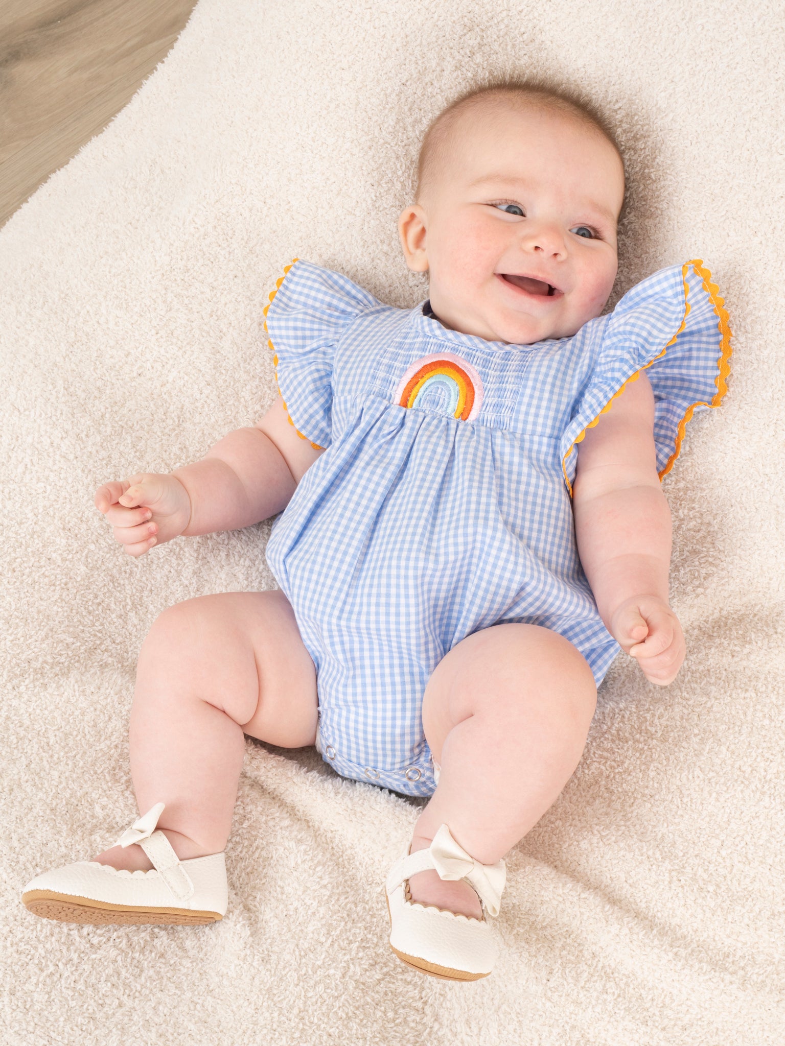 Blue Gingham Rainbow Ruffle Bubble Romper - Marie Nicole Clothing