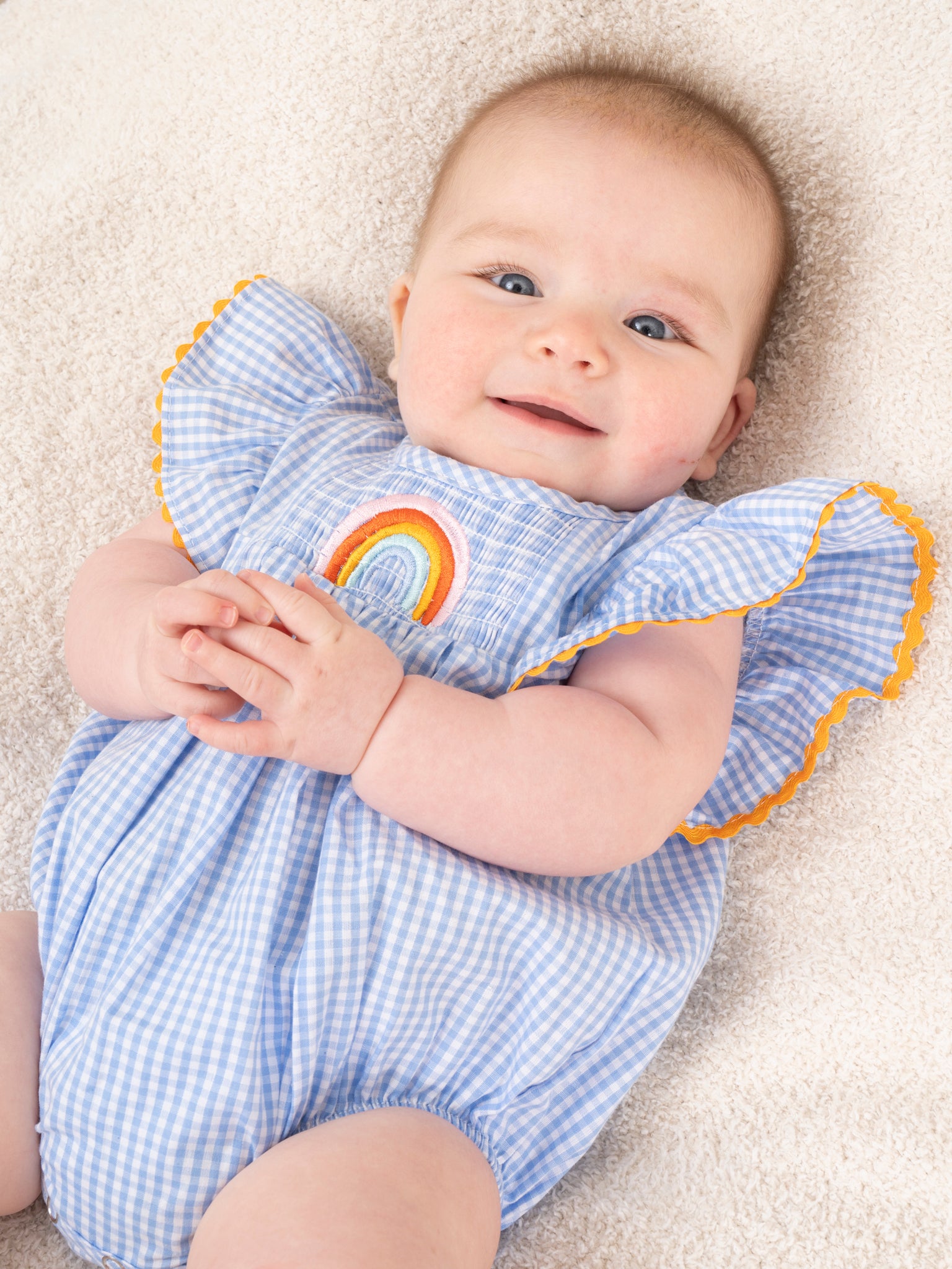 Blue Gingham Rainbow Ruffle Bubble Romper - Marie Nicole Clothing