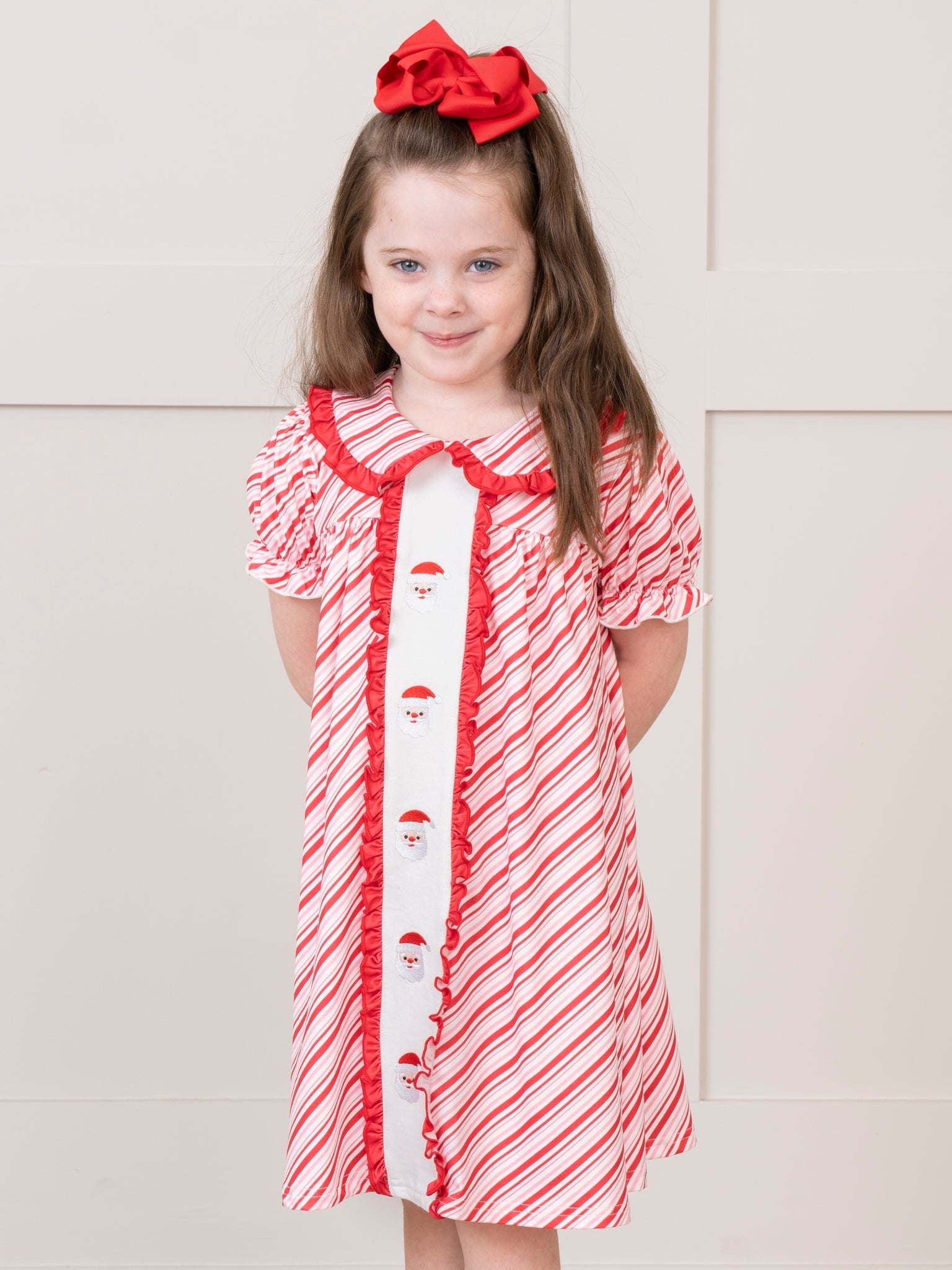Candy Cane Stripe Embroidered Santa Ruffle Dress - Marie Nicole Clothing