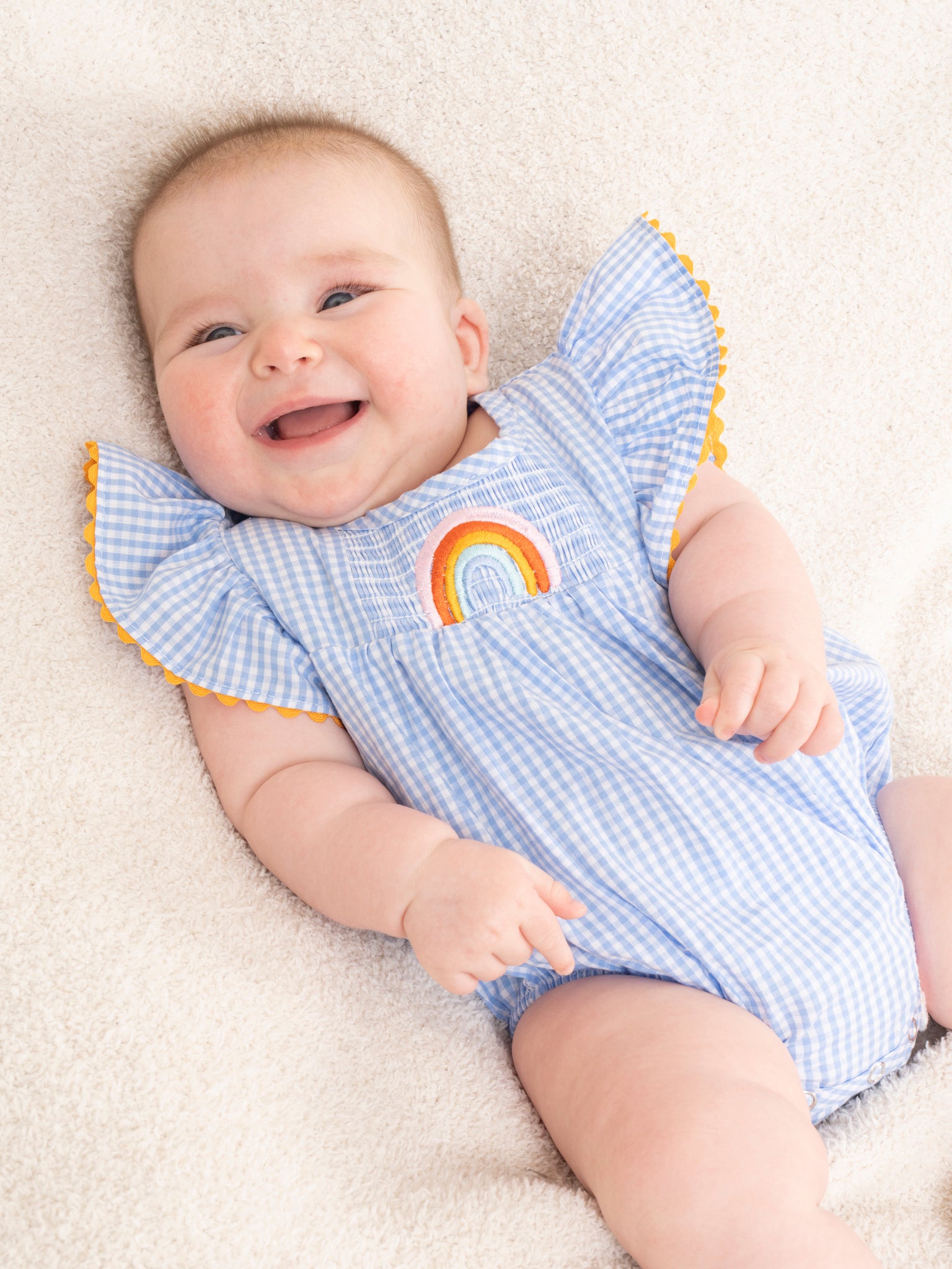 Blue Gingham Rainbow Ruffle Bubble Romper - Marie Nicole Clothing