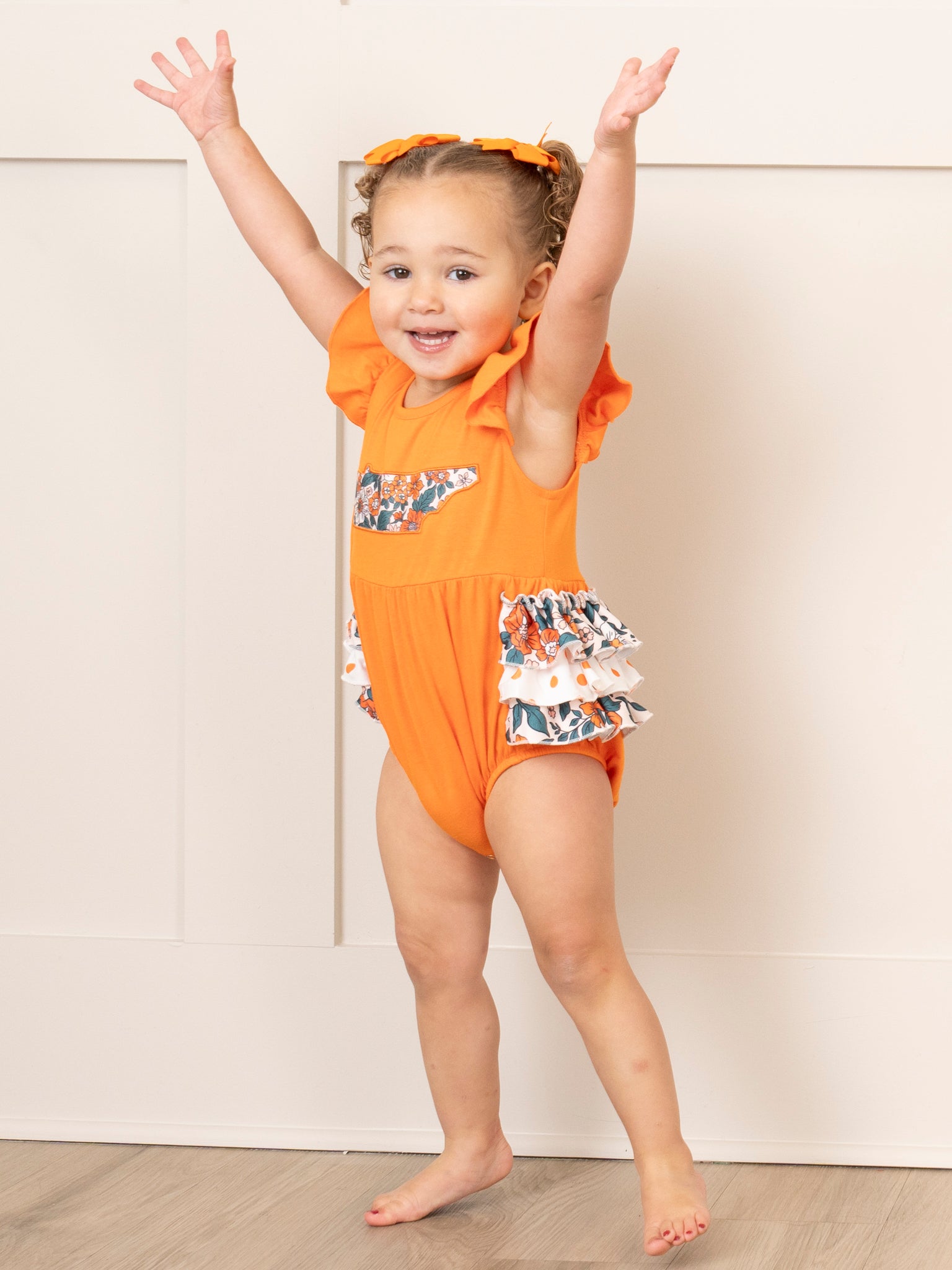 TN Orange Floral Ruffle Bubble Romper - Marie Nicole Clothing