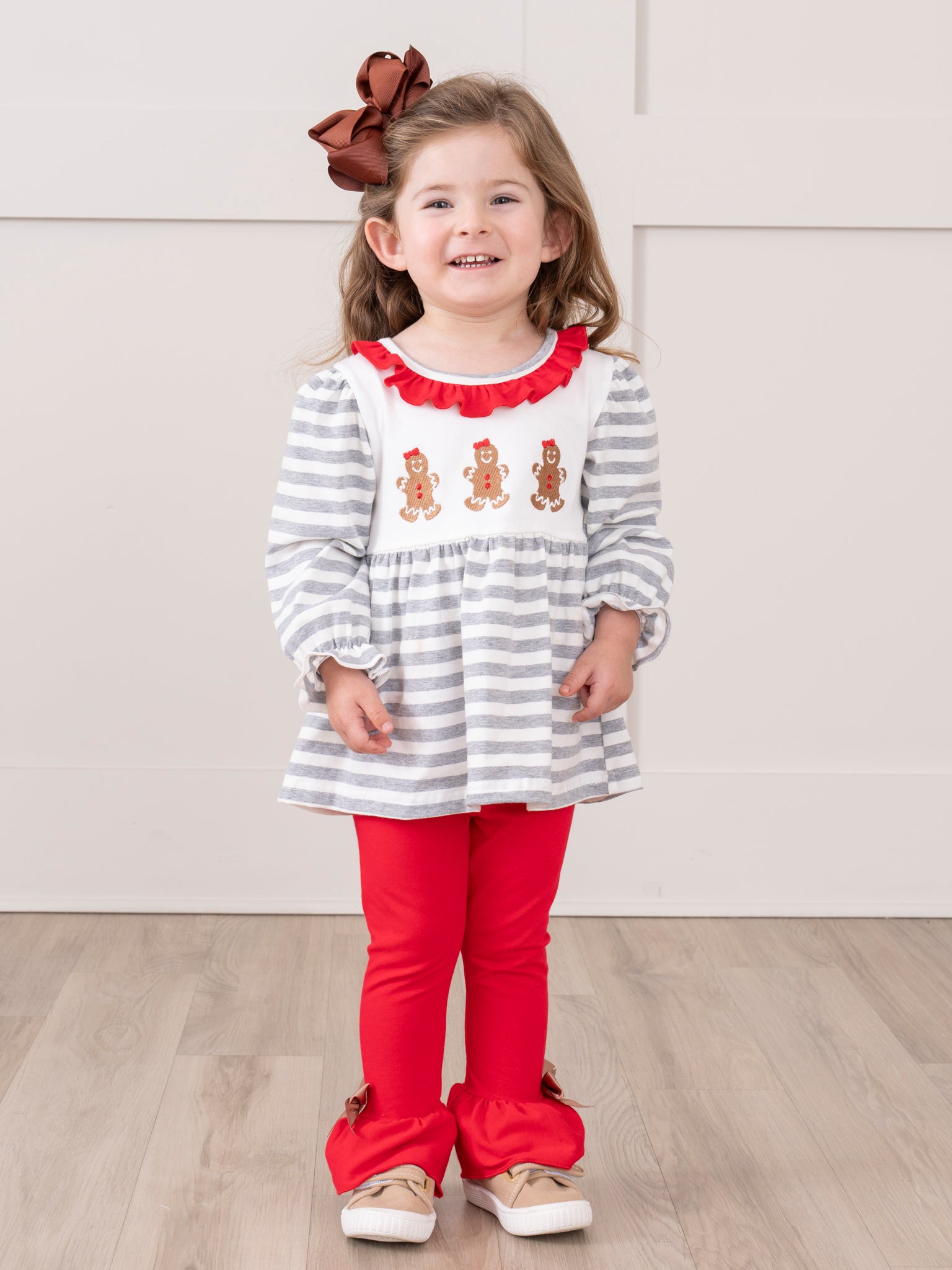 Grey Striped Smocked Gingerbread Ruffle Outfit - Marie Nicole Clothing