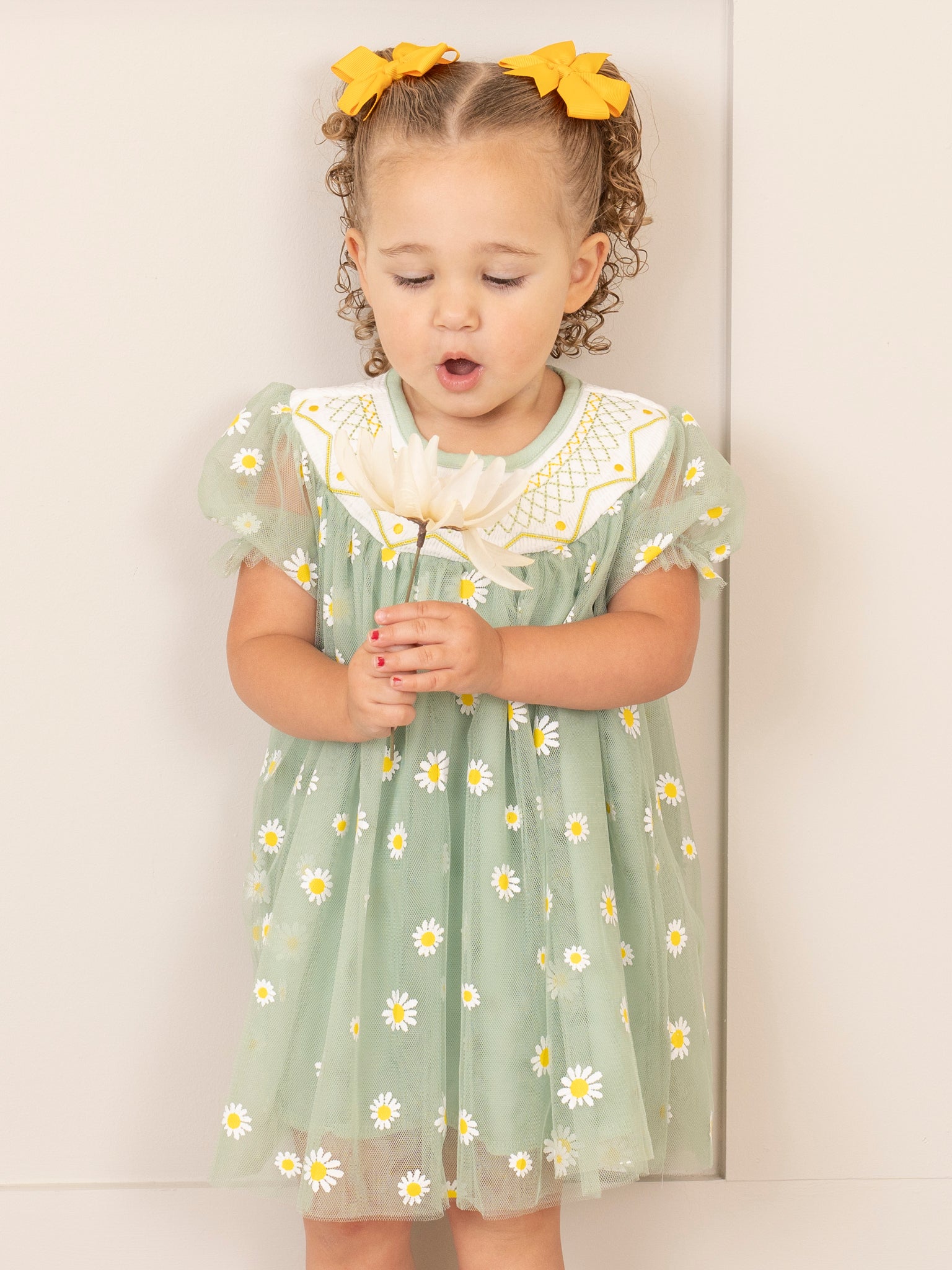 Green Smocked Garden Blooms Tulle Overlay Dress - Marie Nicole Clothing
