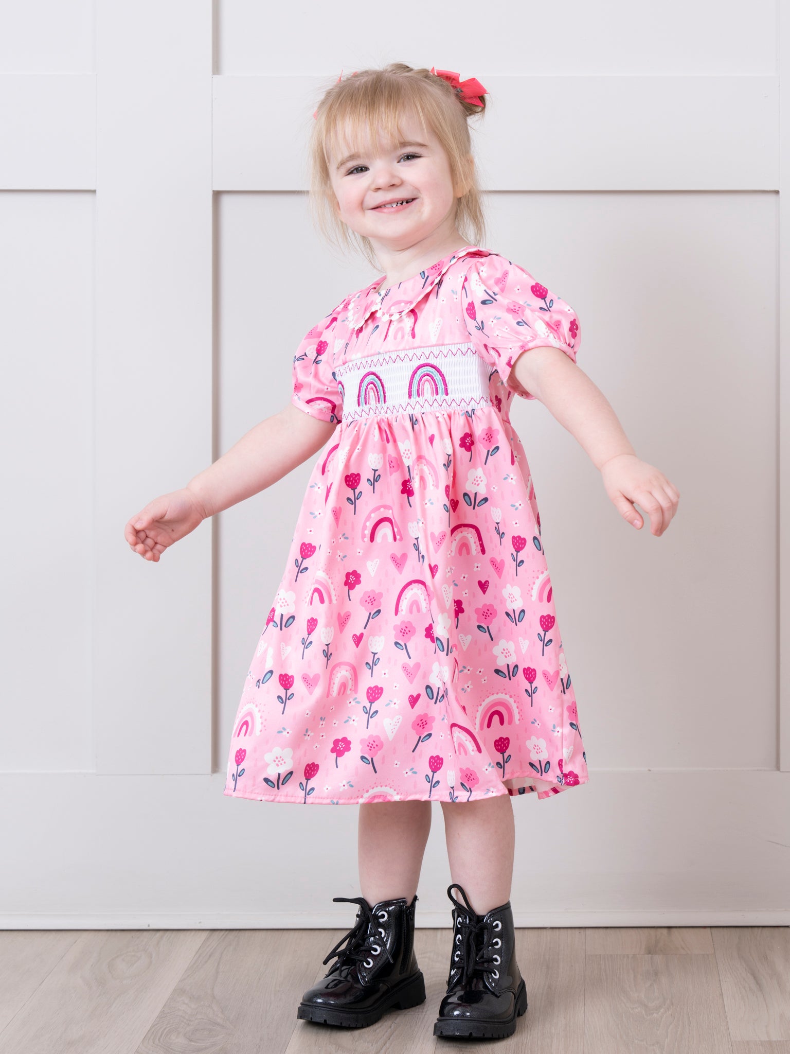 Sweet Pink Floral Rainbow Smocked Dress - Marie Nicole Clothing