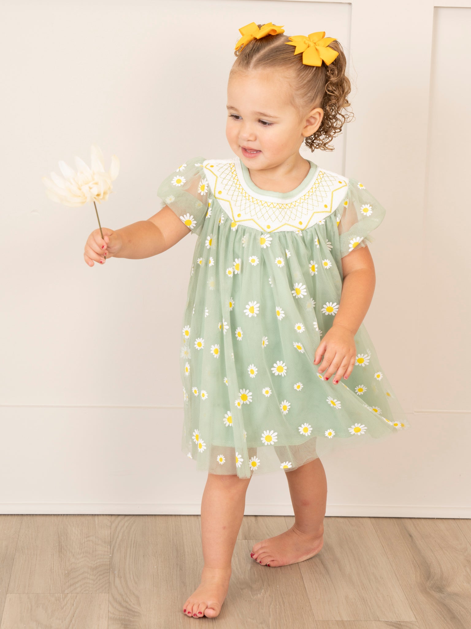 Green Smocked Garden Blooms Tulle Overlay Dress - Marie Nicole Clothing