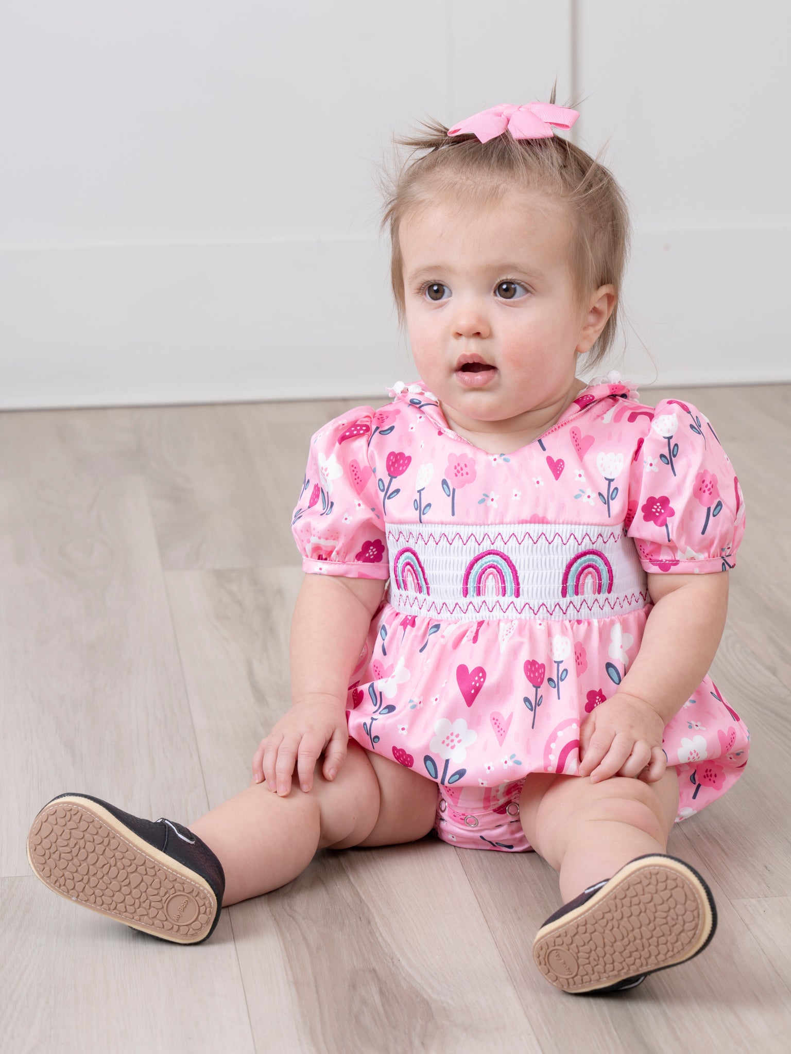 Sweet Pink Floral Rainbow Smocked Bubble Romper - Marie Nicole Clothing