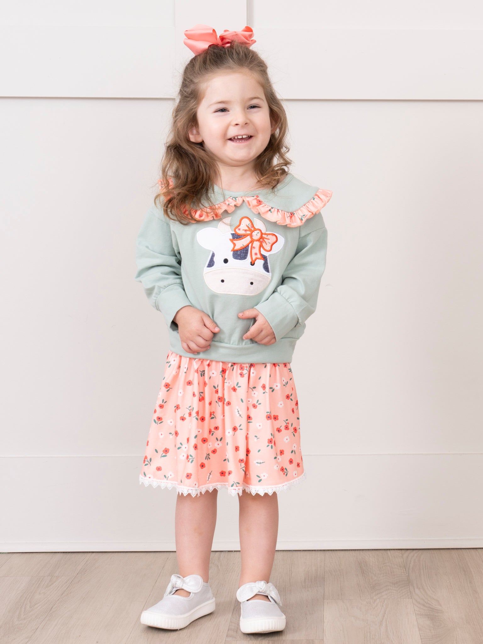Mint & Coral Embroidered Cow Floral Ruffle Outfit w/ Skirt - Marie Nicole Clothing