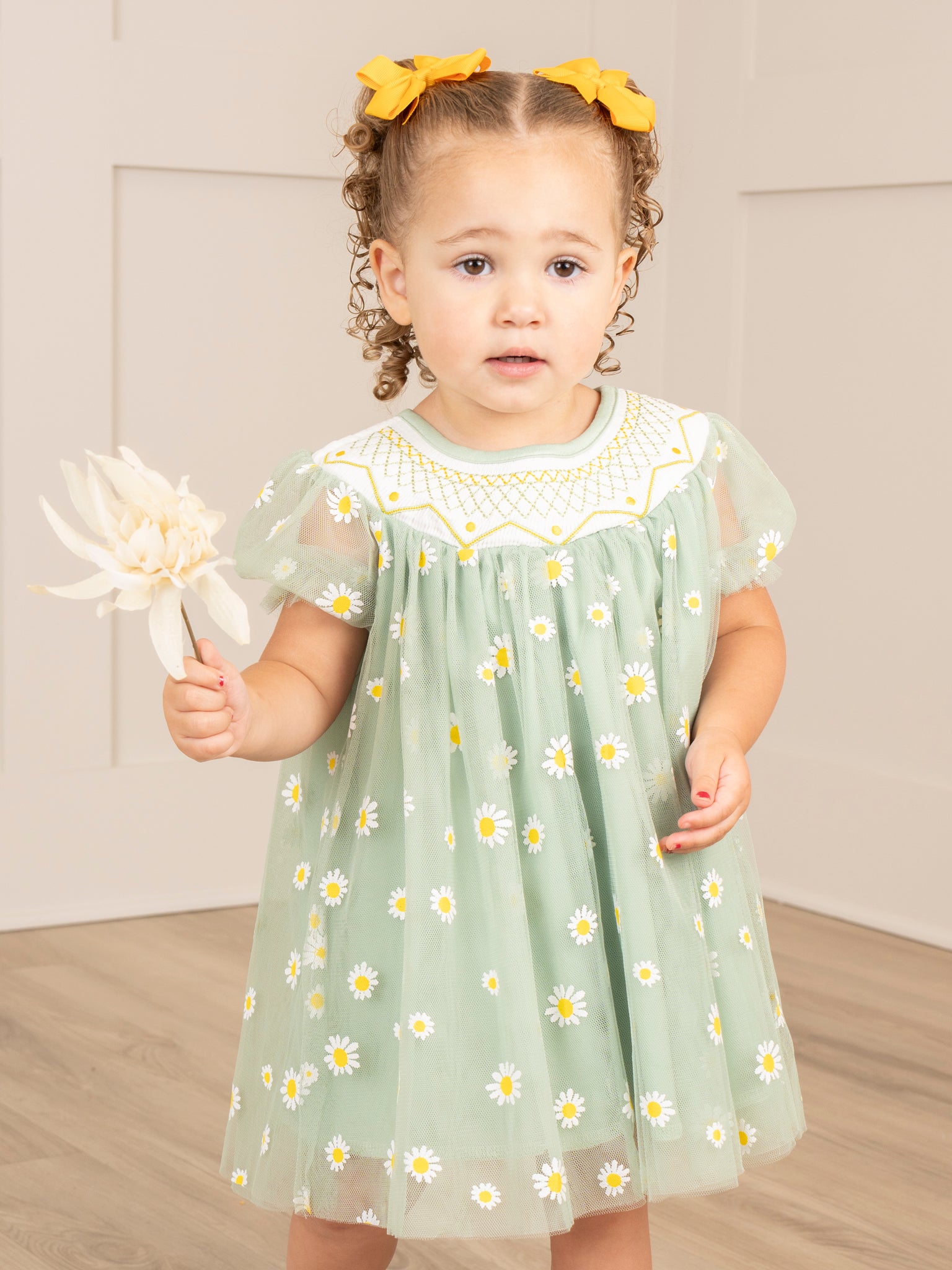 Green Smocked Garden Blooms Tulle Overlay Dress - Marie Nicole Clothing