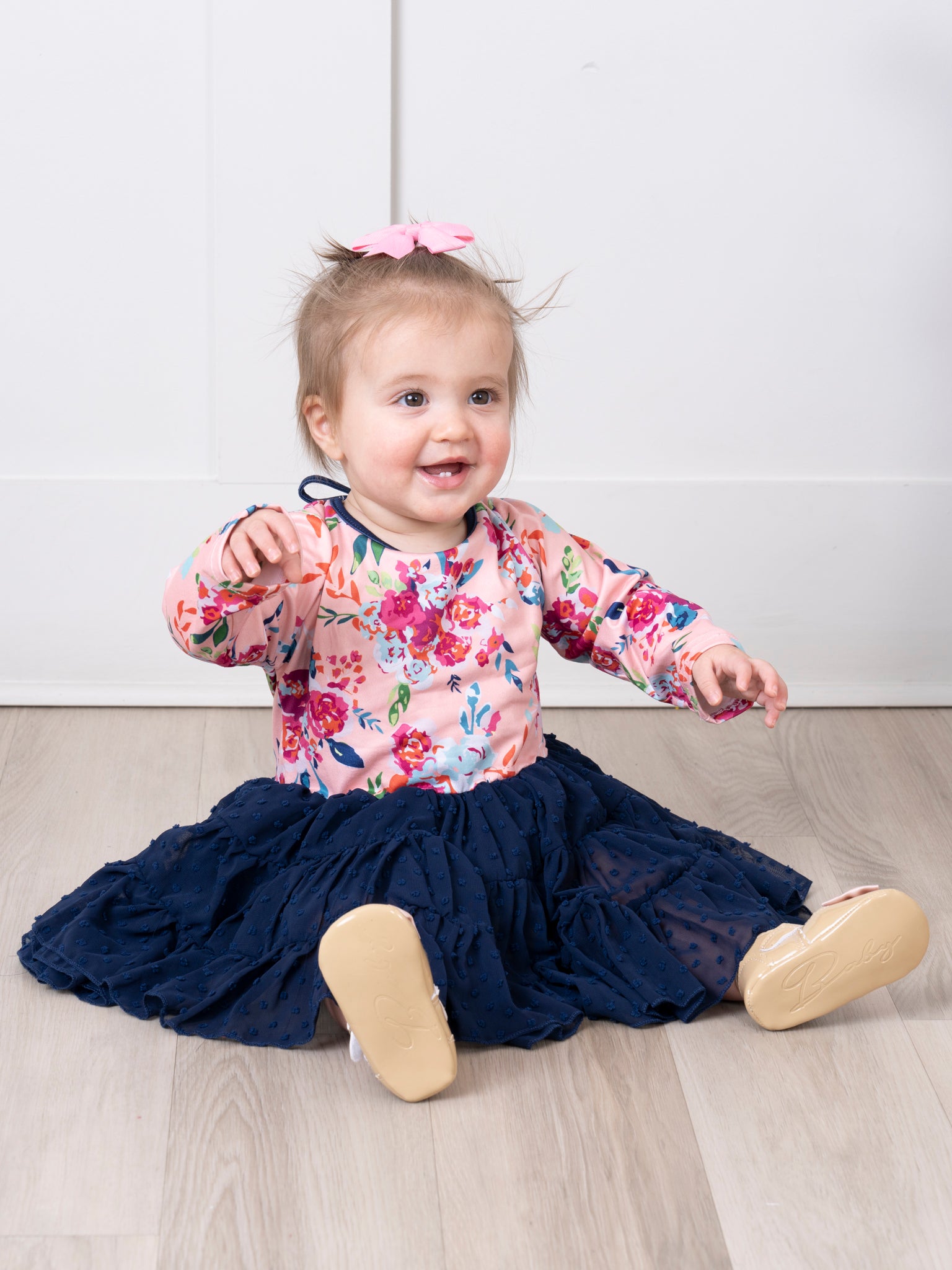 Peach Floral & Navy Swiss Dot Tiered Dress - Marie Nicole Clothing