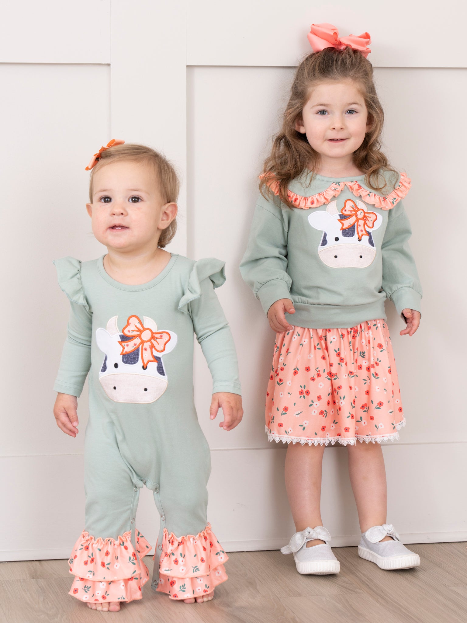 Mint & Coral Embroidered Cow Floral Ruffle Outfit w/ Skirt - Marie Nicole Clothing