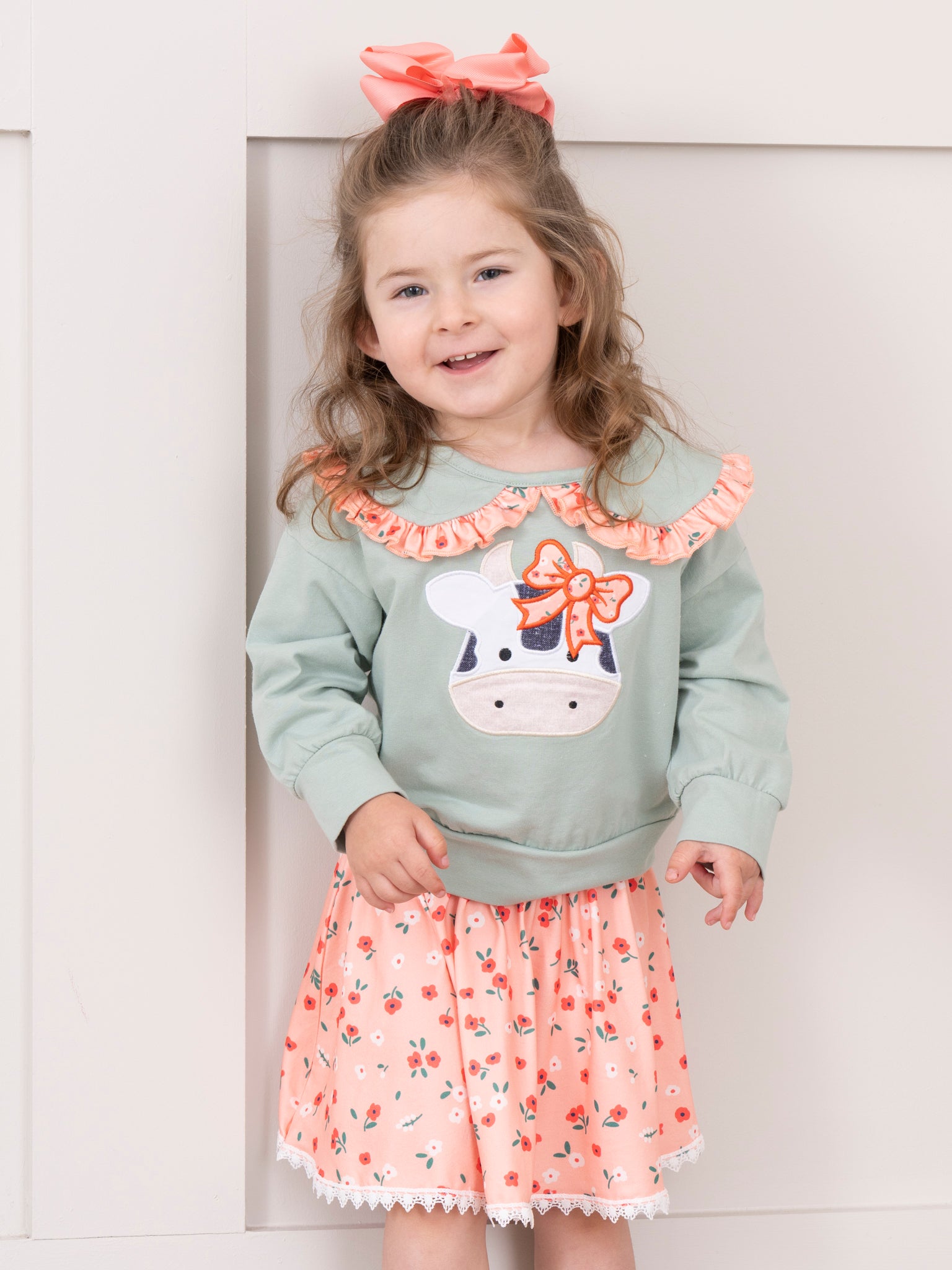Mint & Coral Embroidered Cow Floral Ruffle Outfit w/ Skirt - Marie Nicole Clothing